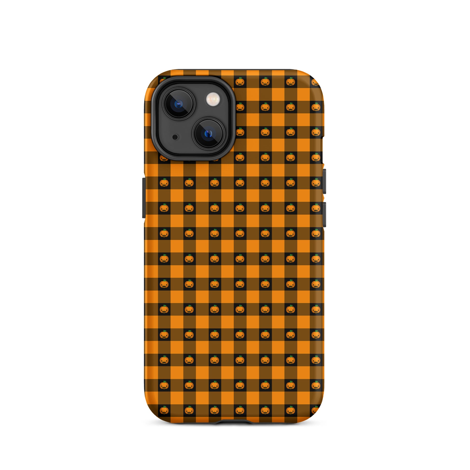 Phone Case for iPhone with playful pumpkin gingham Halloween design, featuring jack-o'-lanterns on a festive orange and black checkered pattern.