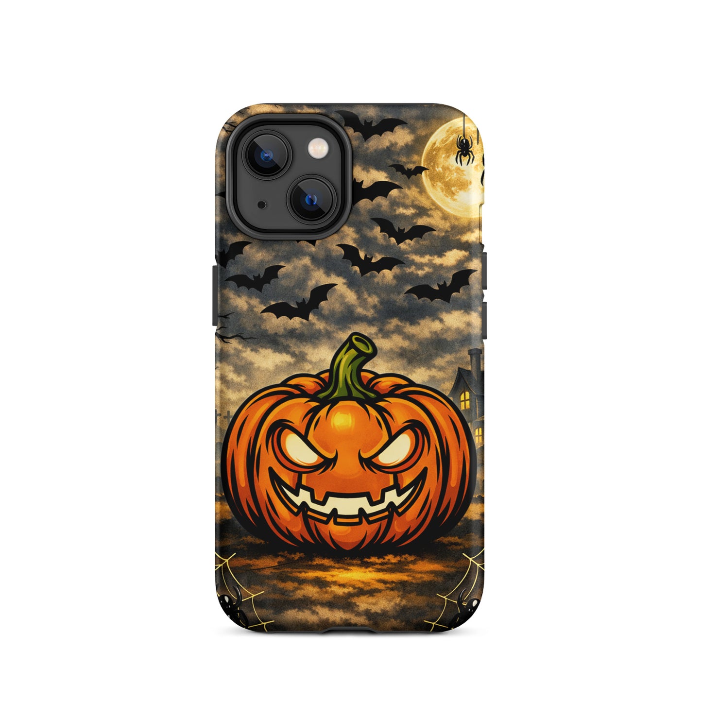 Phone Case for iPhone featuring haunted pumpkin, bats, moonlit clouds, and haunted house in Halloween scene.