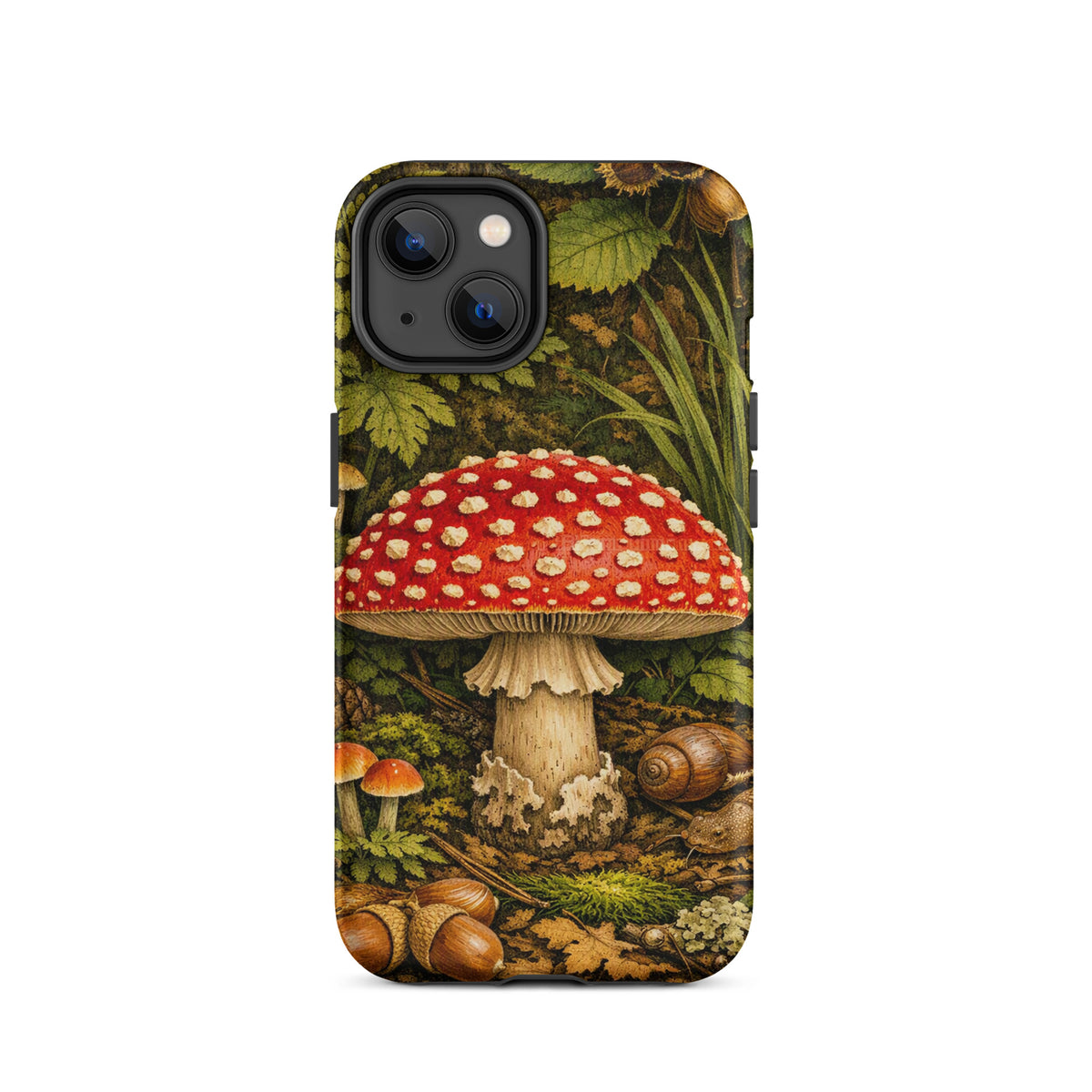 Phone Case with Amanita muscaria mushroom illustration in lush forest design for iPhone