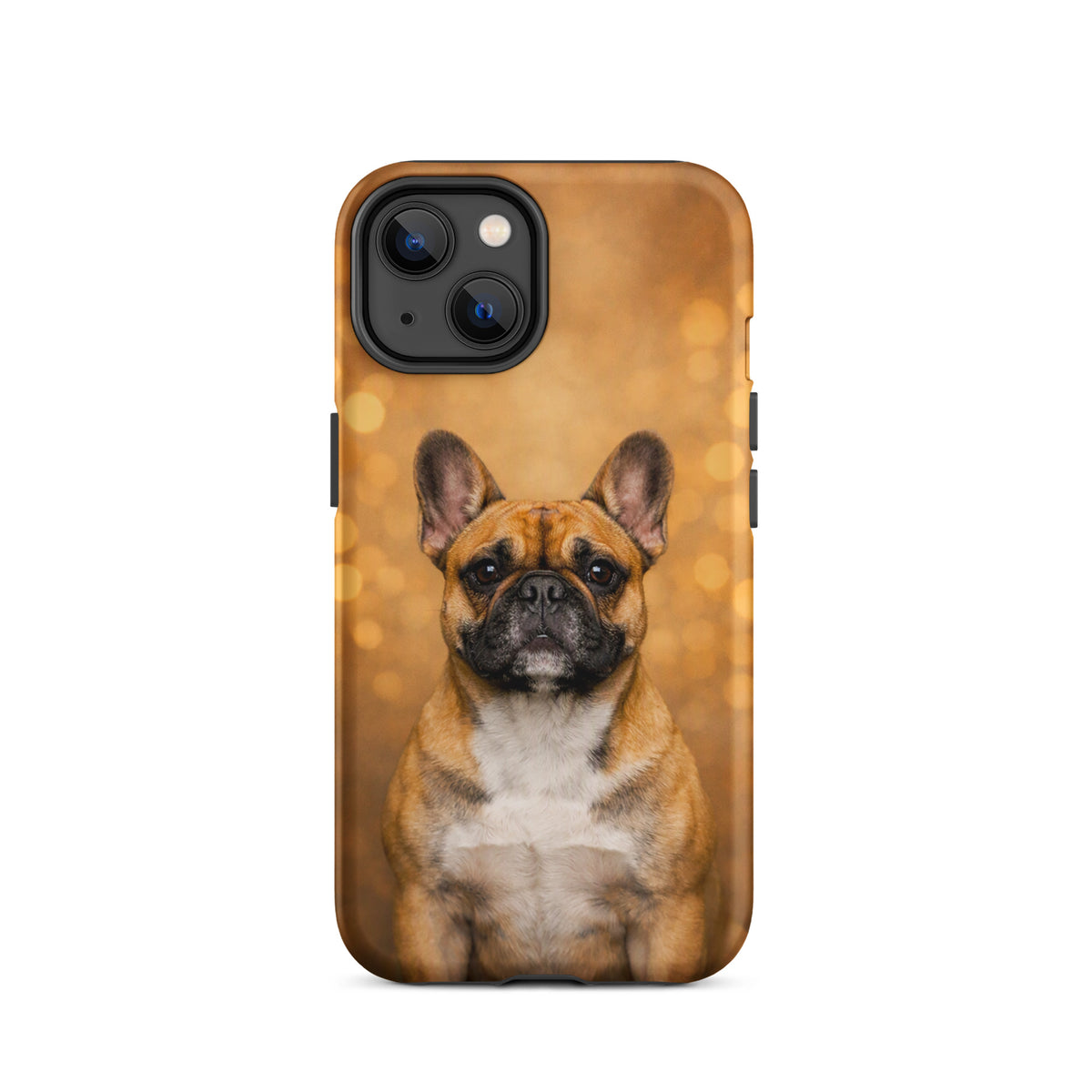 Phone Case with French Bulldog against golden bokeh background, featuring warm glow design for iPhone, charming and whimsical accessory.