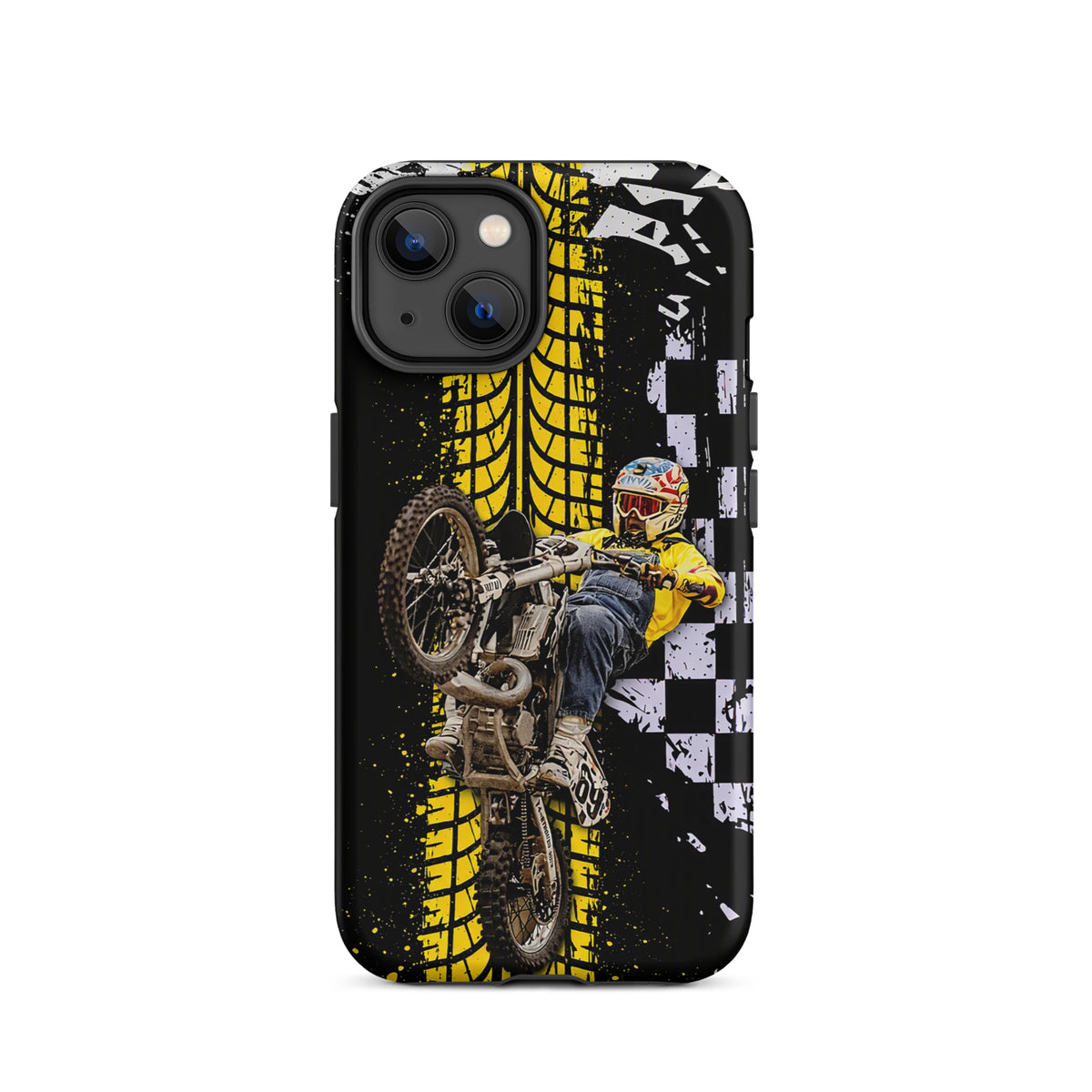 Phone Case featuring Ronnie Mac air-wheelie design for iPhone, black and yellow with checkerboard pattern, motocross style.