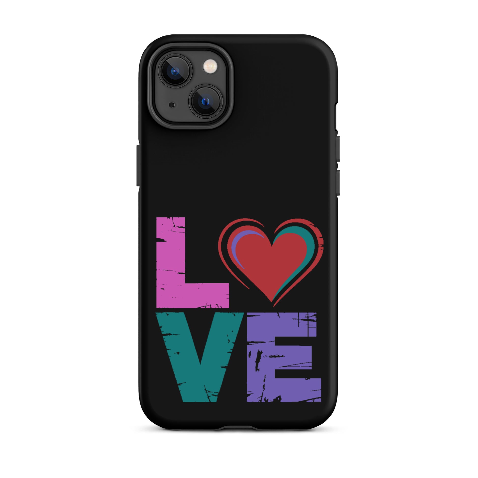 Love Tough Dual Layered Case for iPhones with colorful love design and heart on a black background.