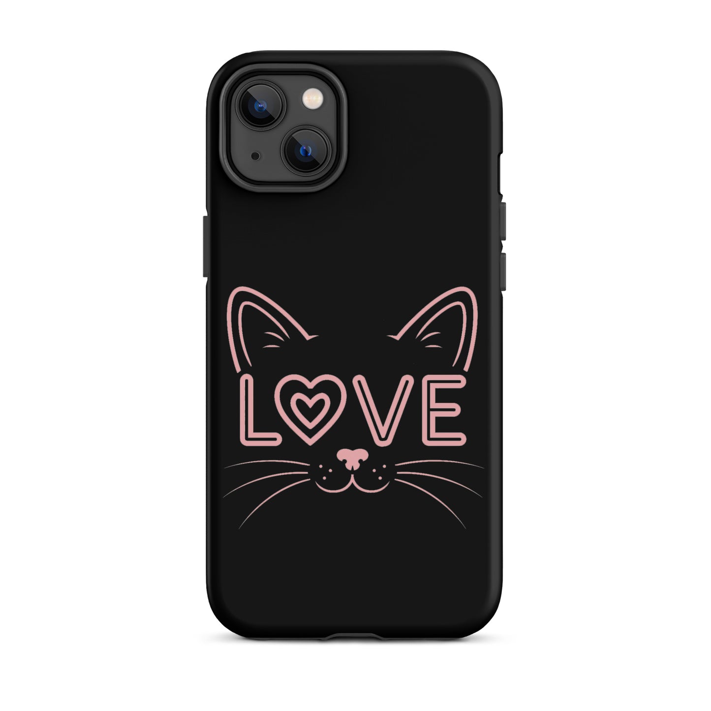 Cat Love Phone Case for iPhone featuring a minimalist cat face and 'love' text design.