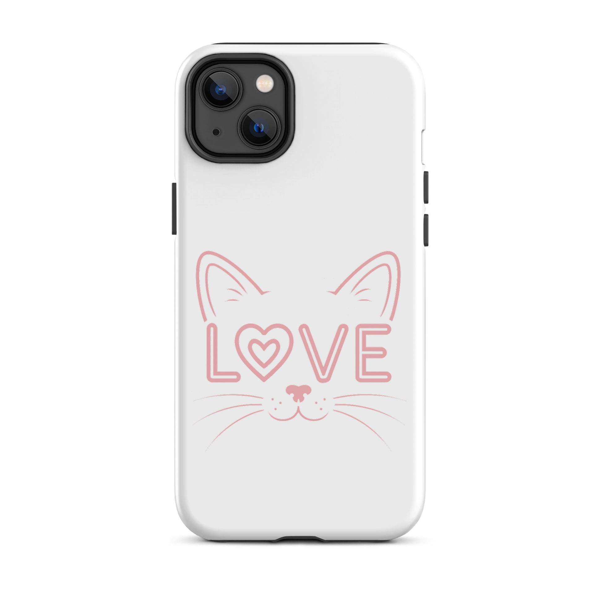 Cat Love Phone Case for iPhone with minimalist cat face and 'LOVE' text design.