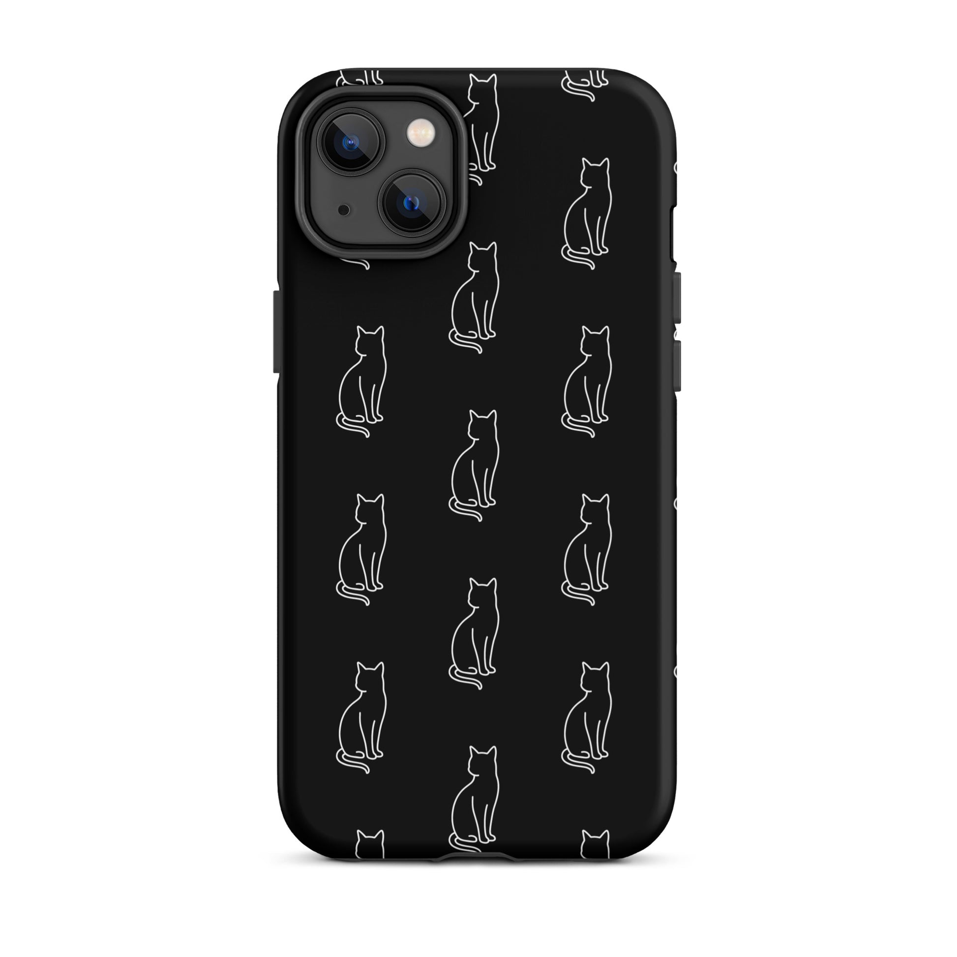 Phone Case for iPhone featuring a minimalist pattern of sitting cats on a sleek black background.