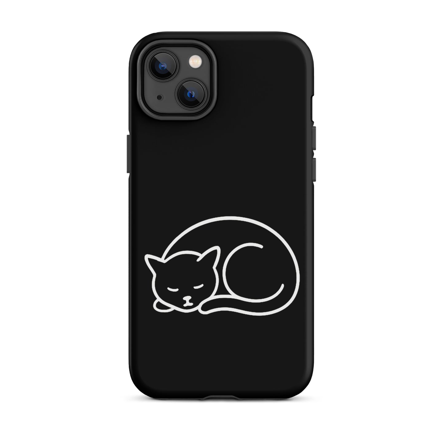 Phone case for iPhone featuring a minimalist curled-up cat design on a black background.