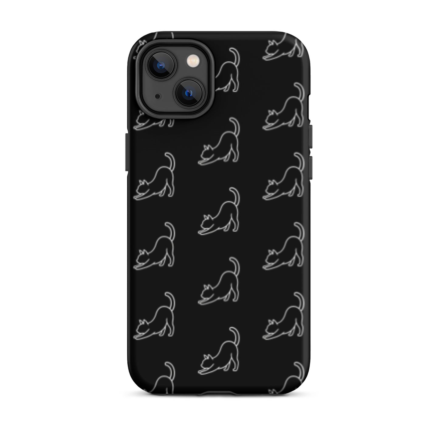 Phone Case featuring a minimalist black design with stretching cat patterns for iPhone, perfect for cat lovers.