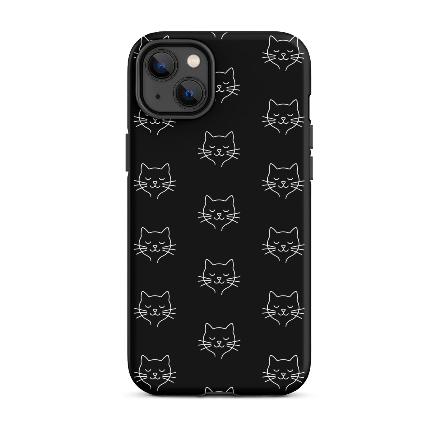 Phone Case for iPhone featuring a cute minimalist cat pattern design on a black background.