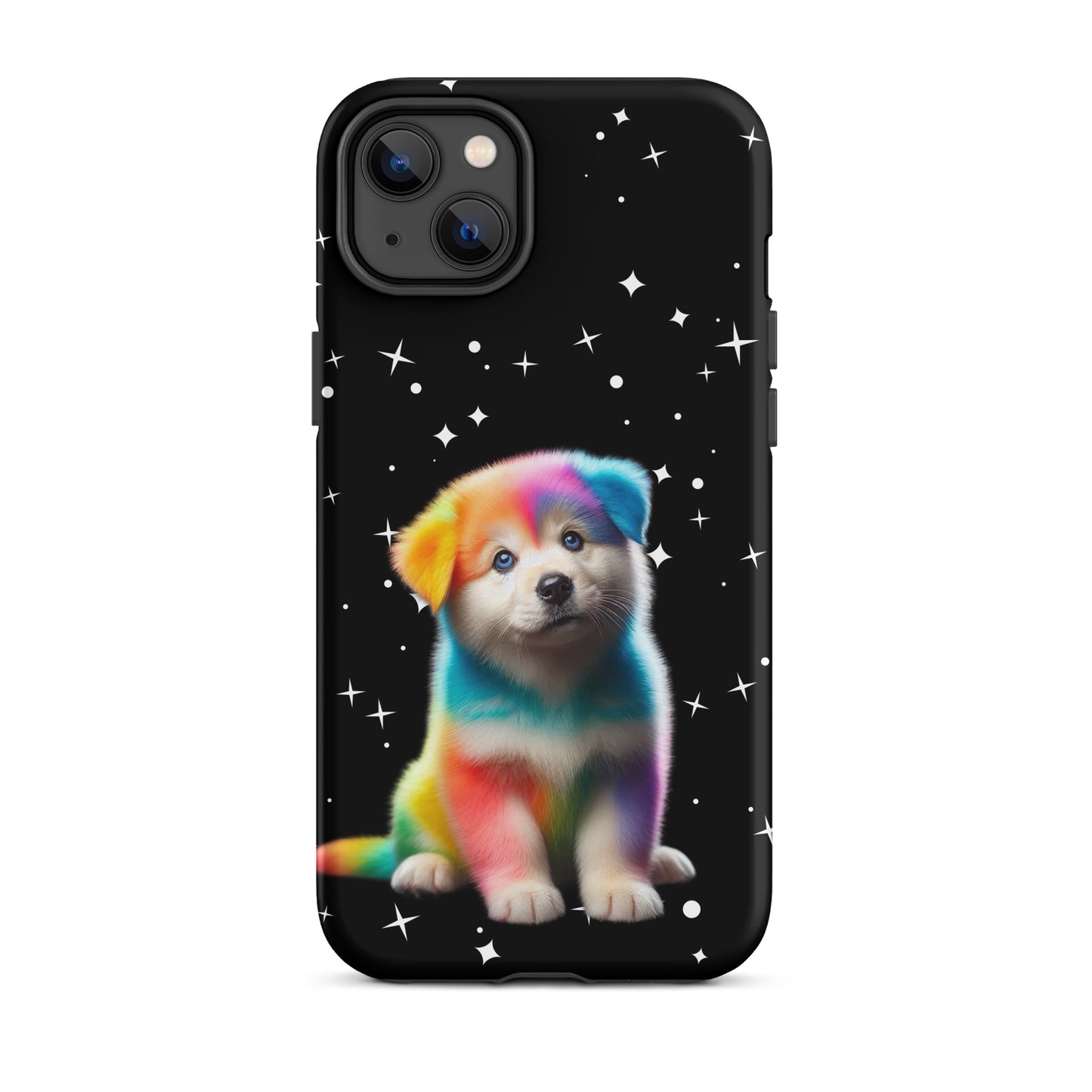 Phone Case featuring a colorful rainbow puppy design against a starry night background.