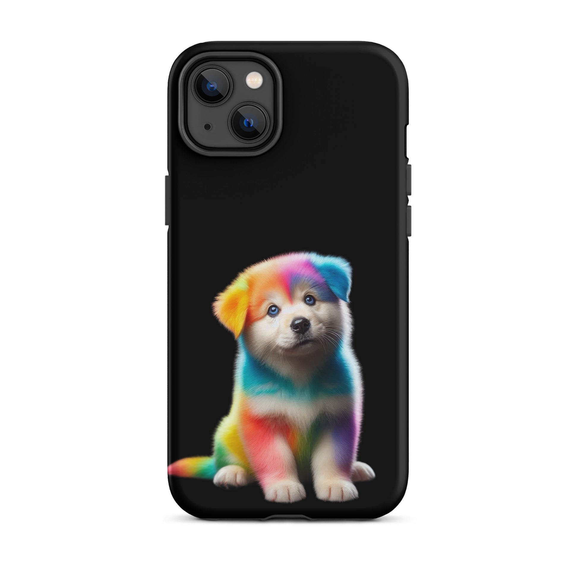 Phone Case featuring a colorful rainbow puppy design against a black background, offering style and protection.