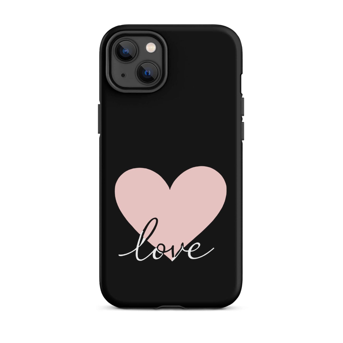 Phone Case for iPhone featuring a pink heart and the script "love" on a black background.
