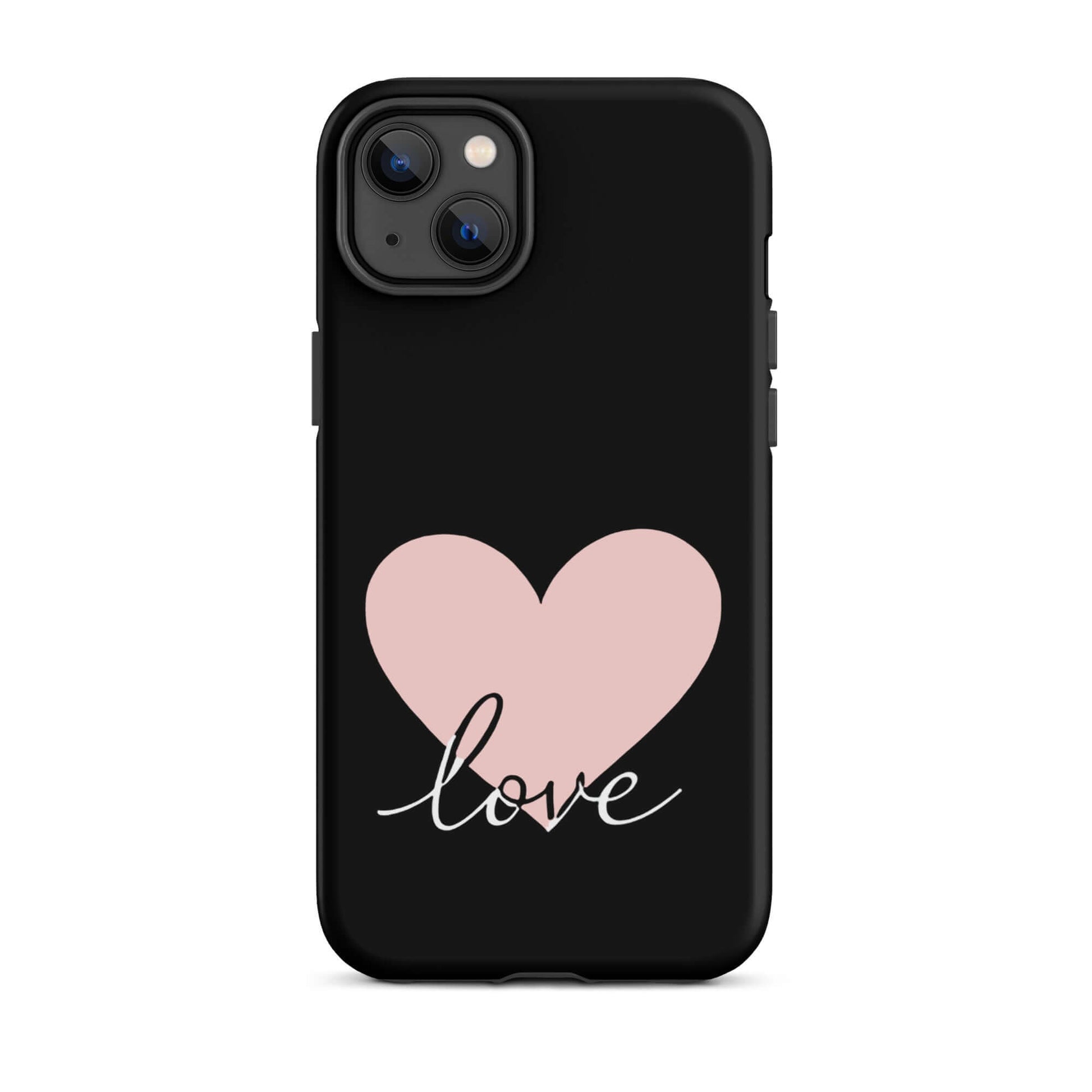 Phone Case for iPhone featuring a pink heart and the script "love" on a black background.