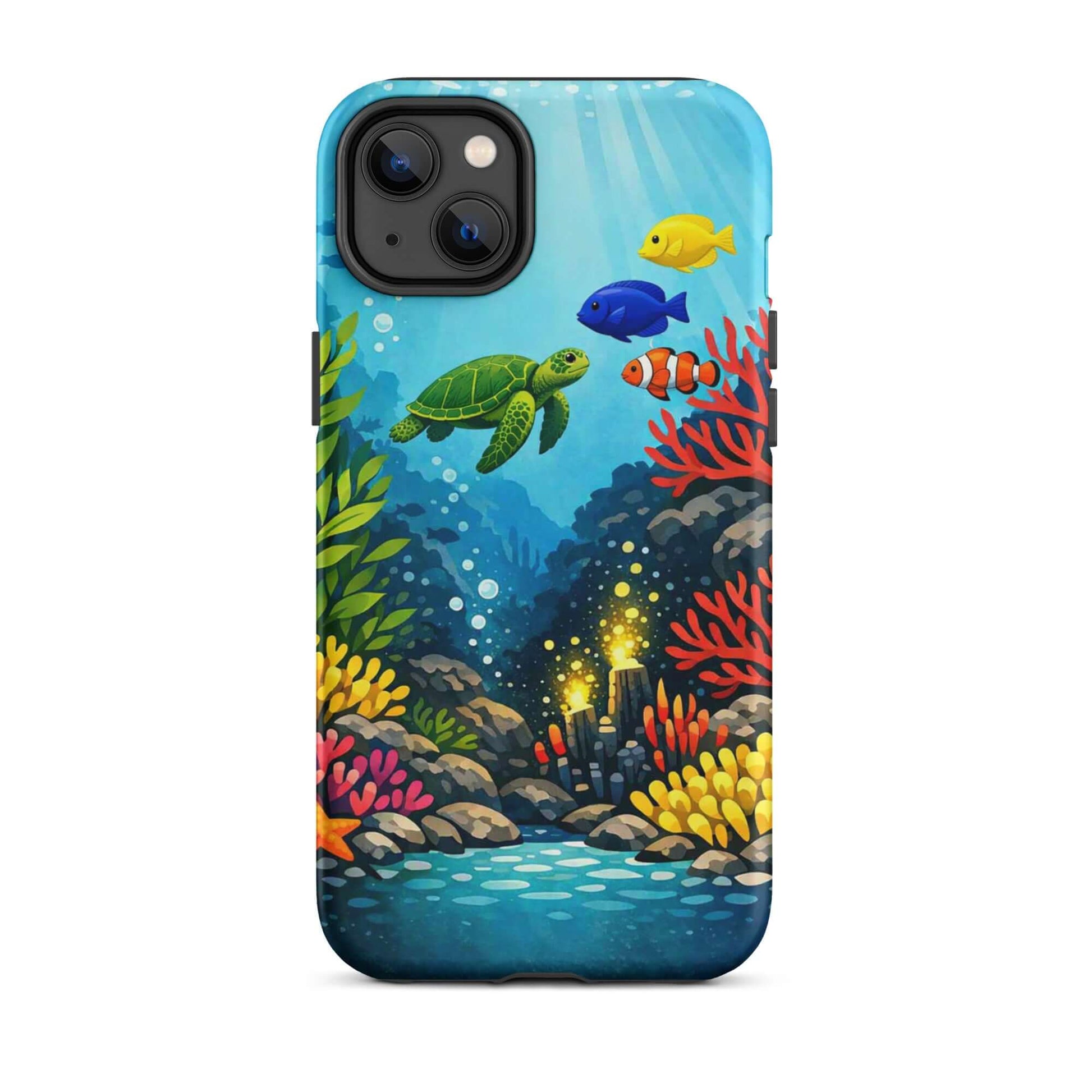 Phone case with vibrant sea turtle and coral reef design showcasing marine life and underwater artistry.