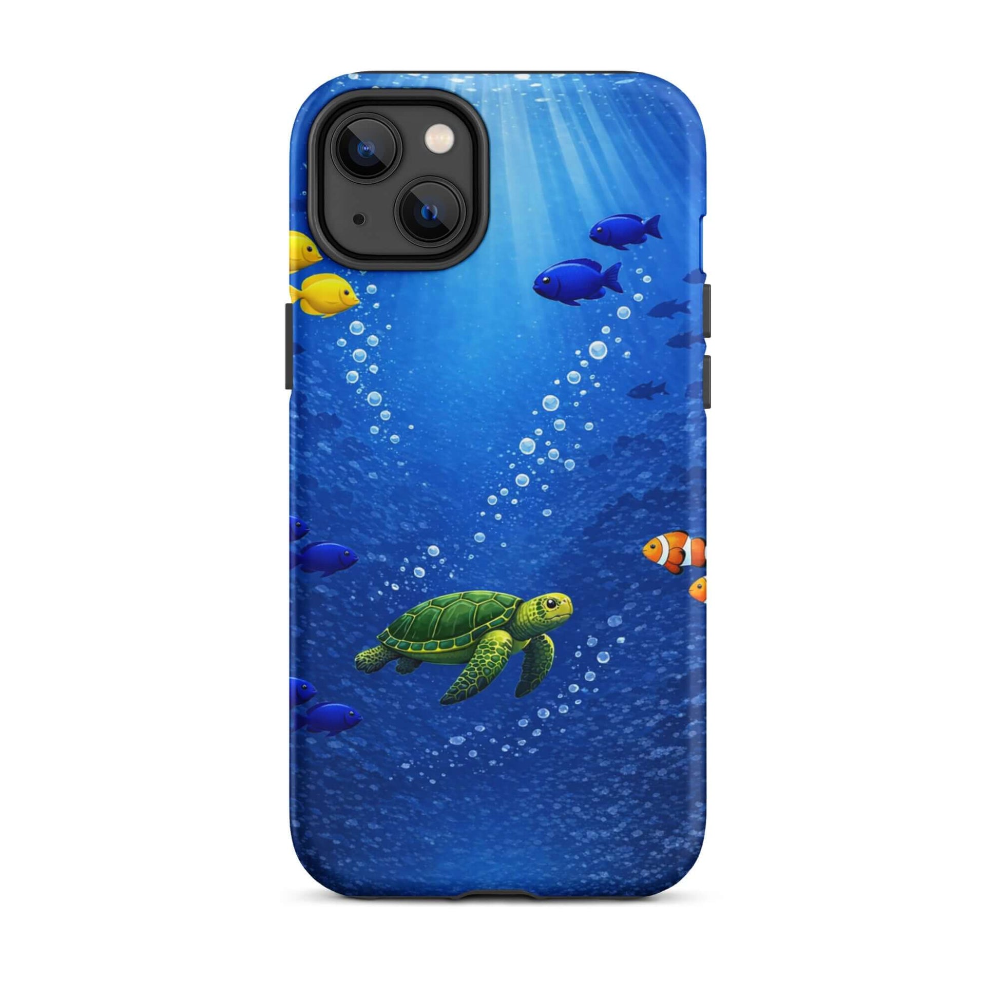 Phone Case for iPhone featuring a colorful sea turtle design swimming among tropical fish in deep blue water.