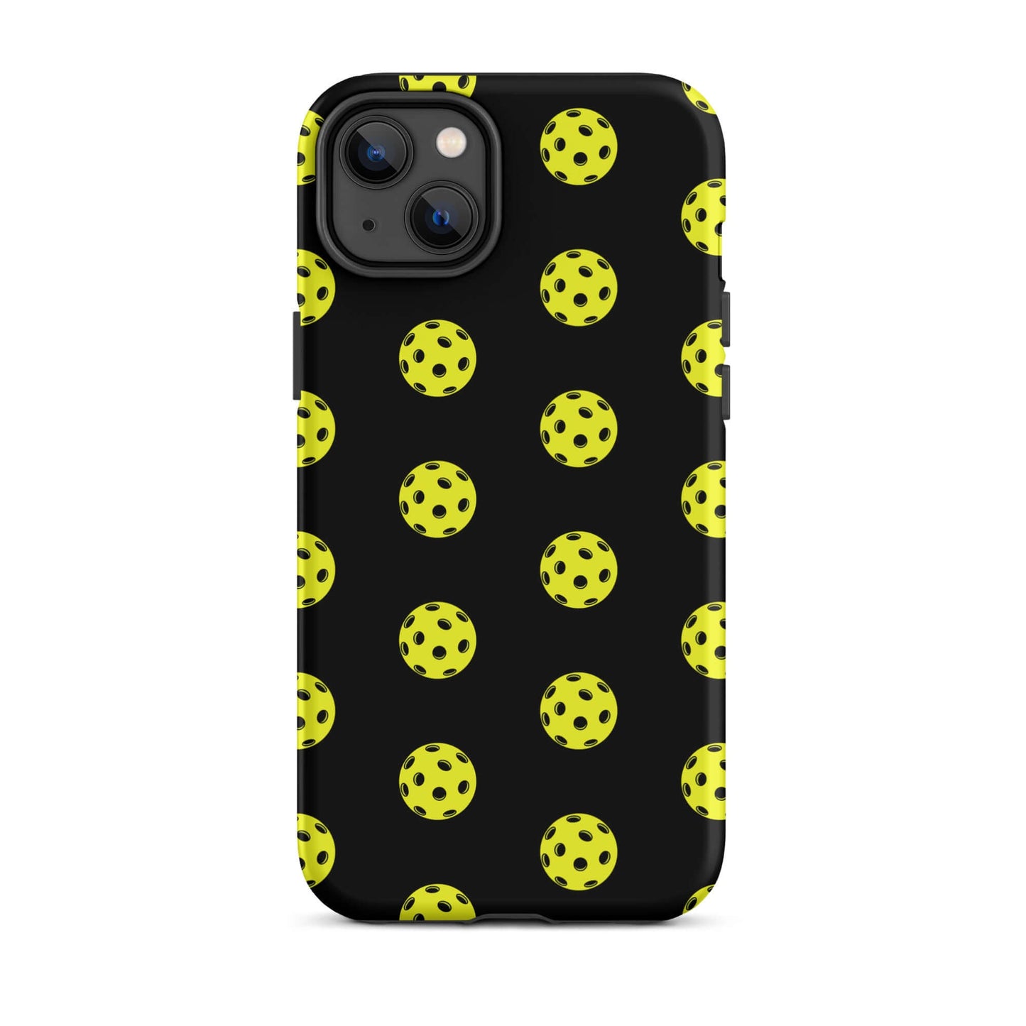 Phone Case for iPhone featuring a sporty pickleball pattern on a black background.