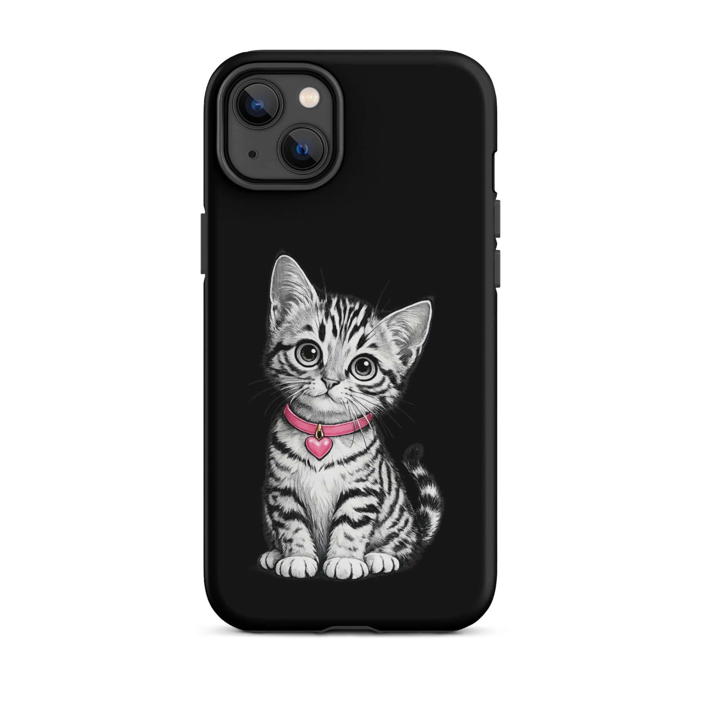 Phone Case featuring pencil sketch kitten with pink heart charm for iPhone