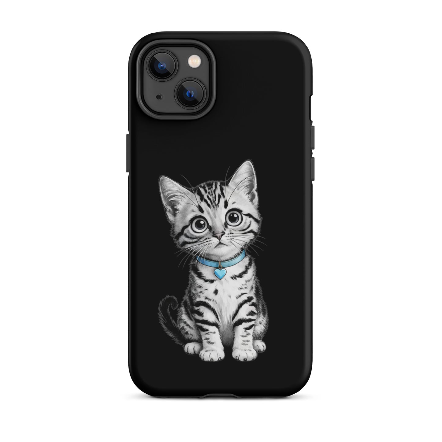 Phone Case featuring sketch kitten with blue heart charm on black background