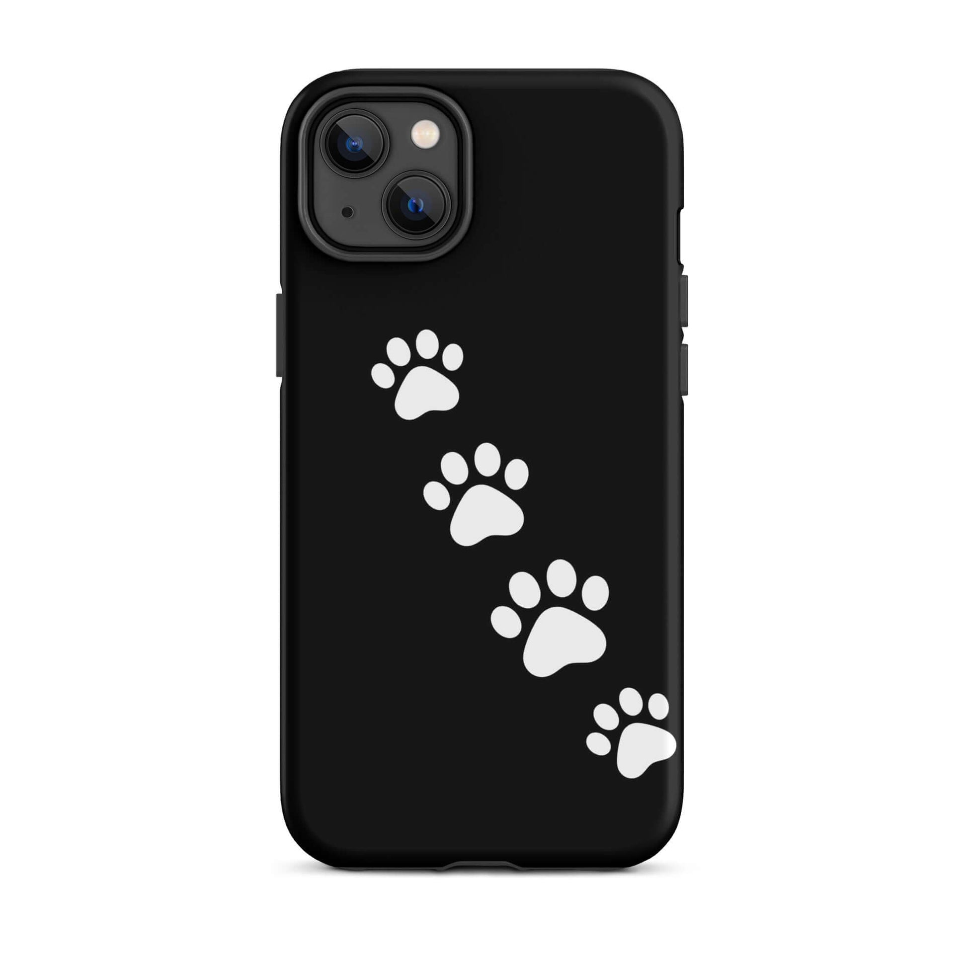 Phone case with paw-print trail design, perfect for pet lovers. Stylish black case with white paw prints for iPhone users.