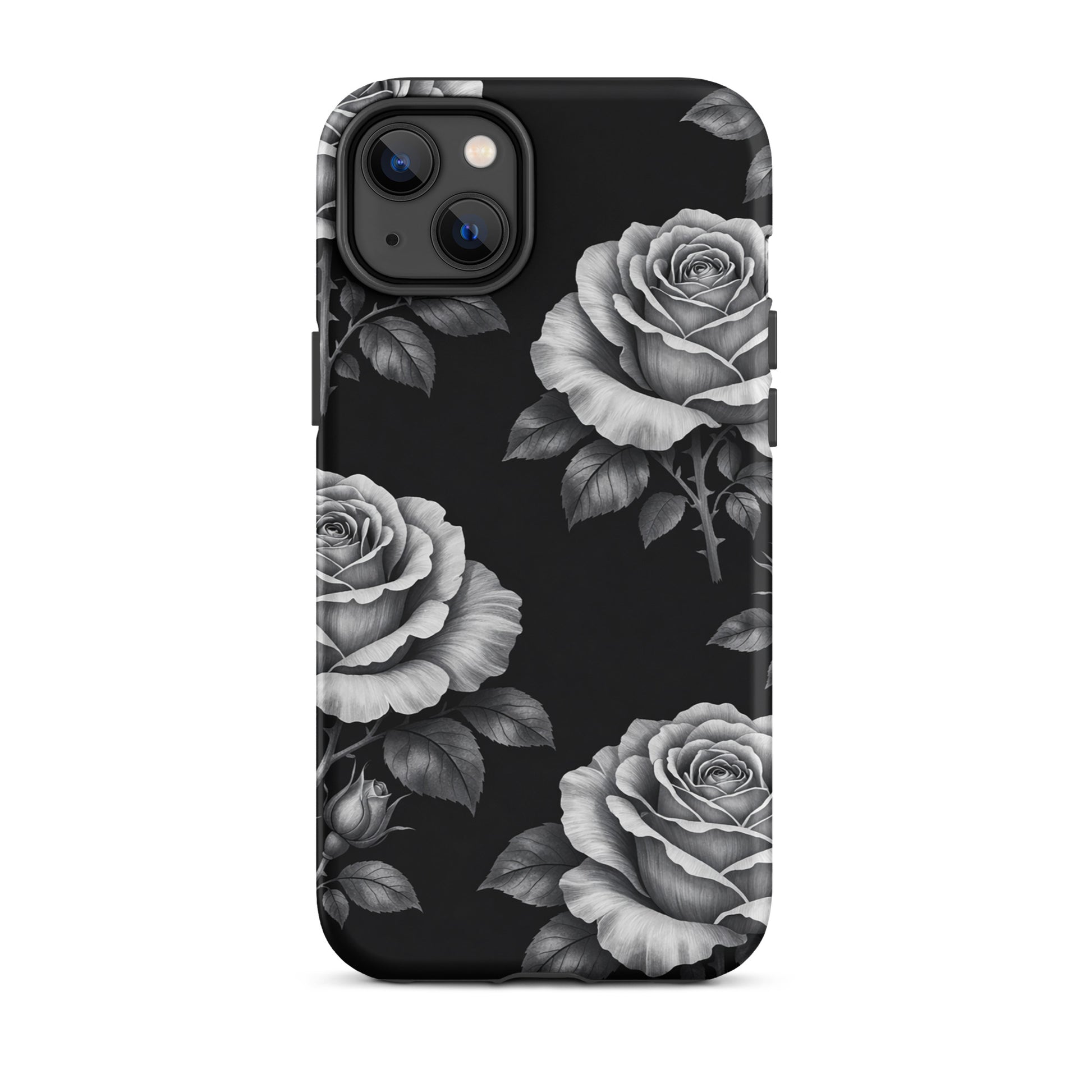 Phone Case for iPhone featuring a pencil-stencil rose garden design on a black background, offering floral charm and toughness.