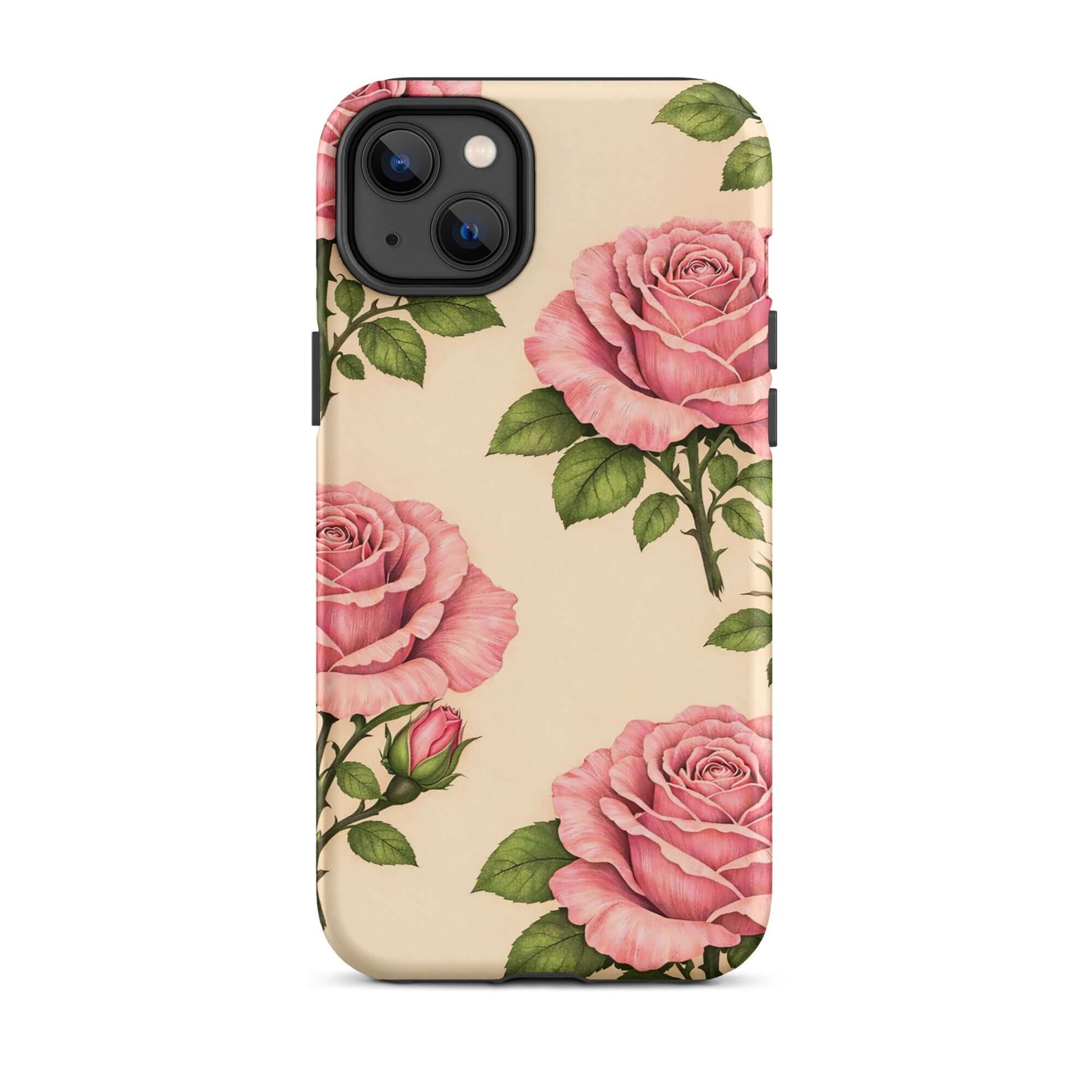 Phone Case for iPhone with pink rose pattern on cream background, featuring floral design for elegant tech accessory.