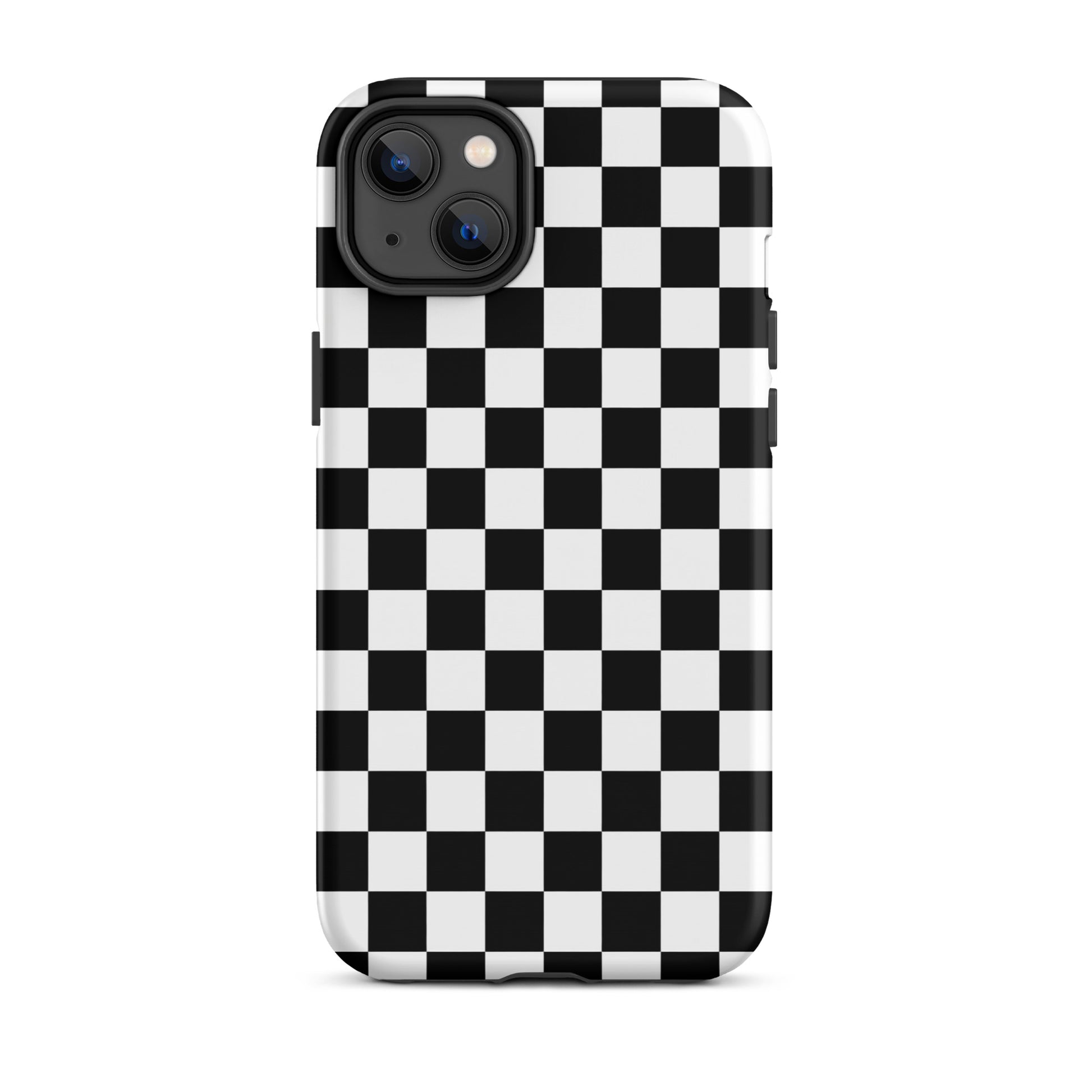 Phone Case with bold checkered pattern for iPhone, stylish black and white design, tough and protective accessory.