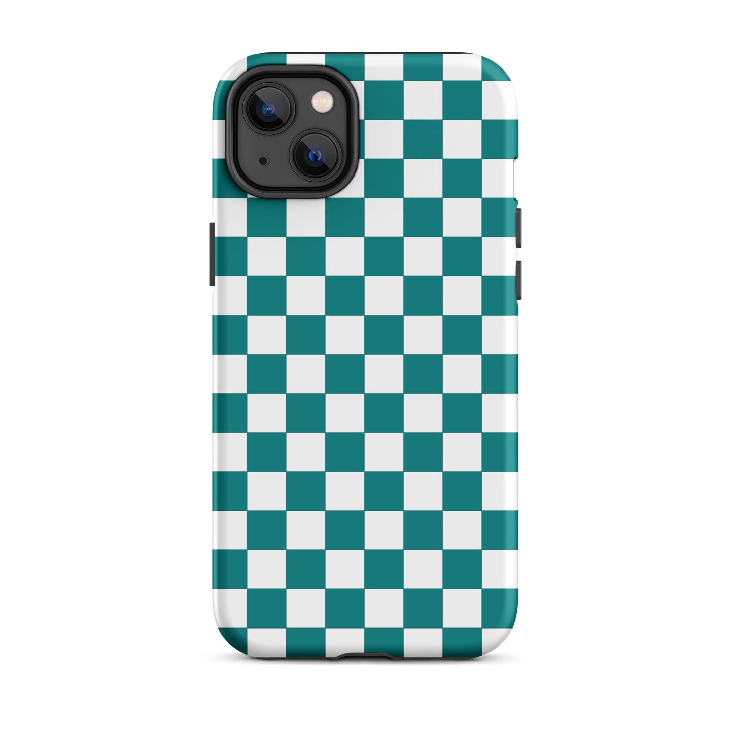 Teal and white checkered Phone Case for iPhone showcasing a bold and playful design.