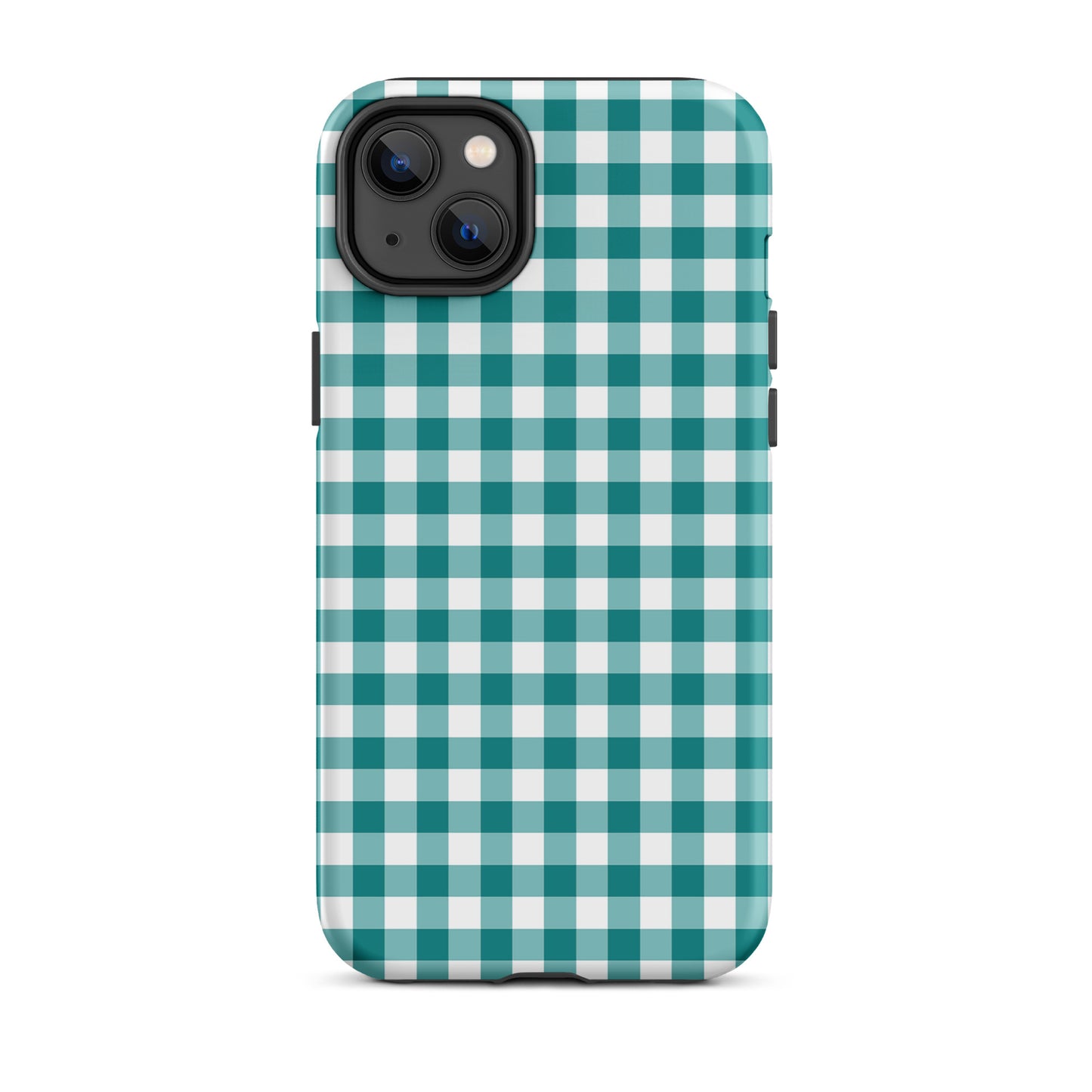 Phone Case in teal-and-white gingham pattern for iPhone, combining style and protection.