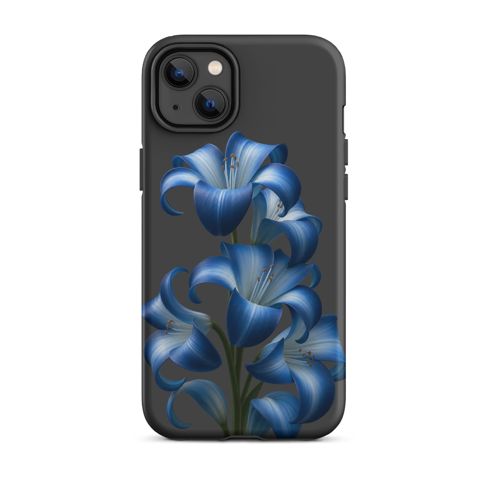 Phone Case for iPhone with blue lily bloom art on dark backdrop, stylish dual-layer design for tough protection.