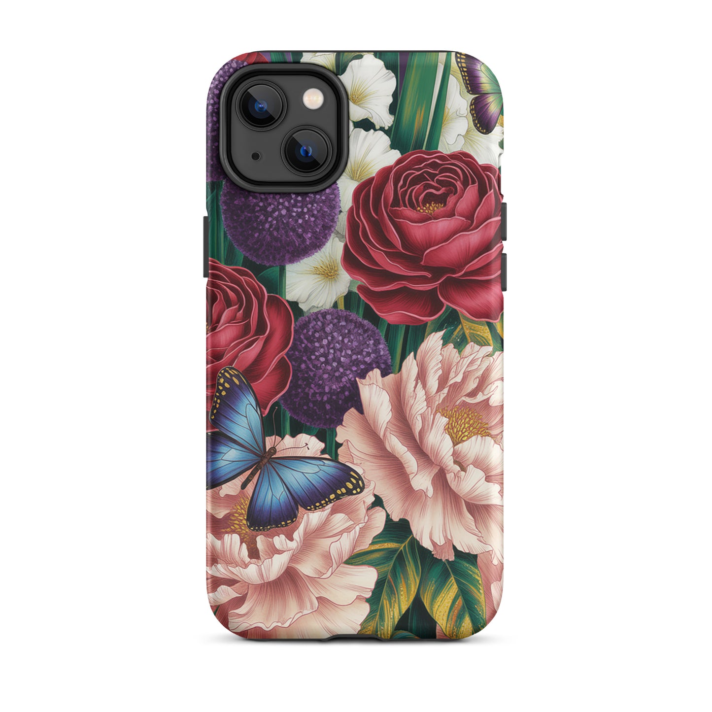 Phone Case for iPhone Botanical Garden Bloom with roses, peonies, alliums, and butterflies on a green floral background.