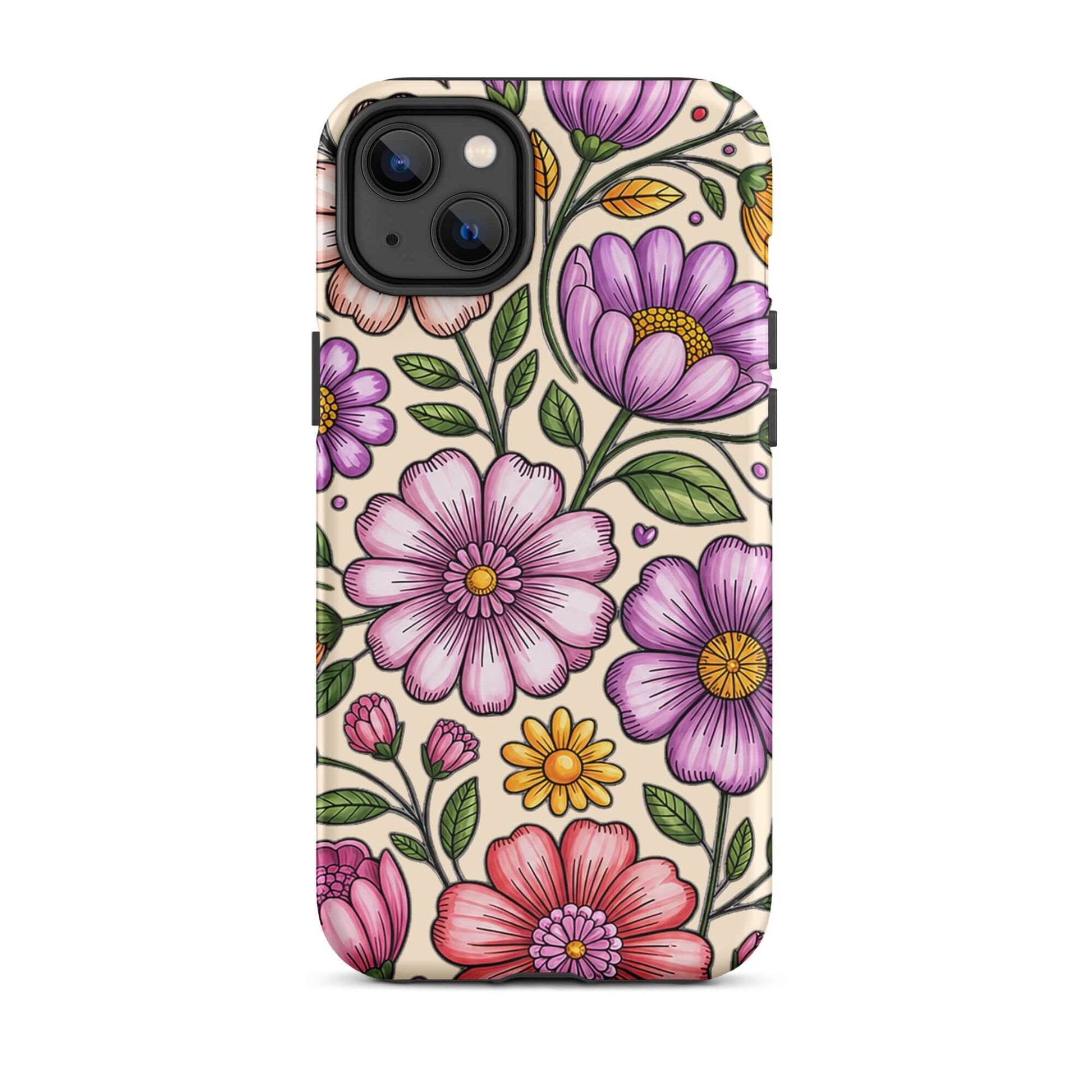 Phone Case for iPhone with pastel floral design, featuring pink, peach, lavender, and yellow flowers for a playful charm.