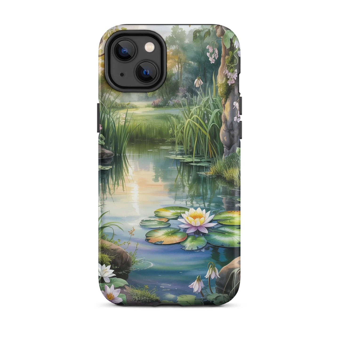 Phone Case with enchanted pond design featuring glowing lily pond, greenery, and sunset for iPhone.