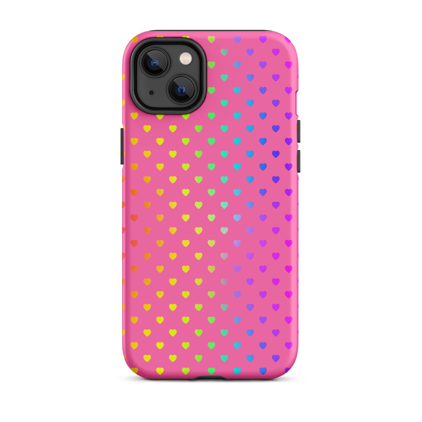 Phone Case for iPhone with cute rainbow heart design on pink background, showcasing colorful and playful pattern.