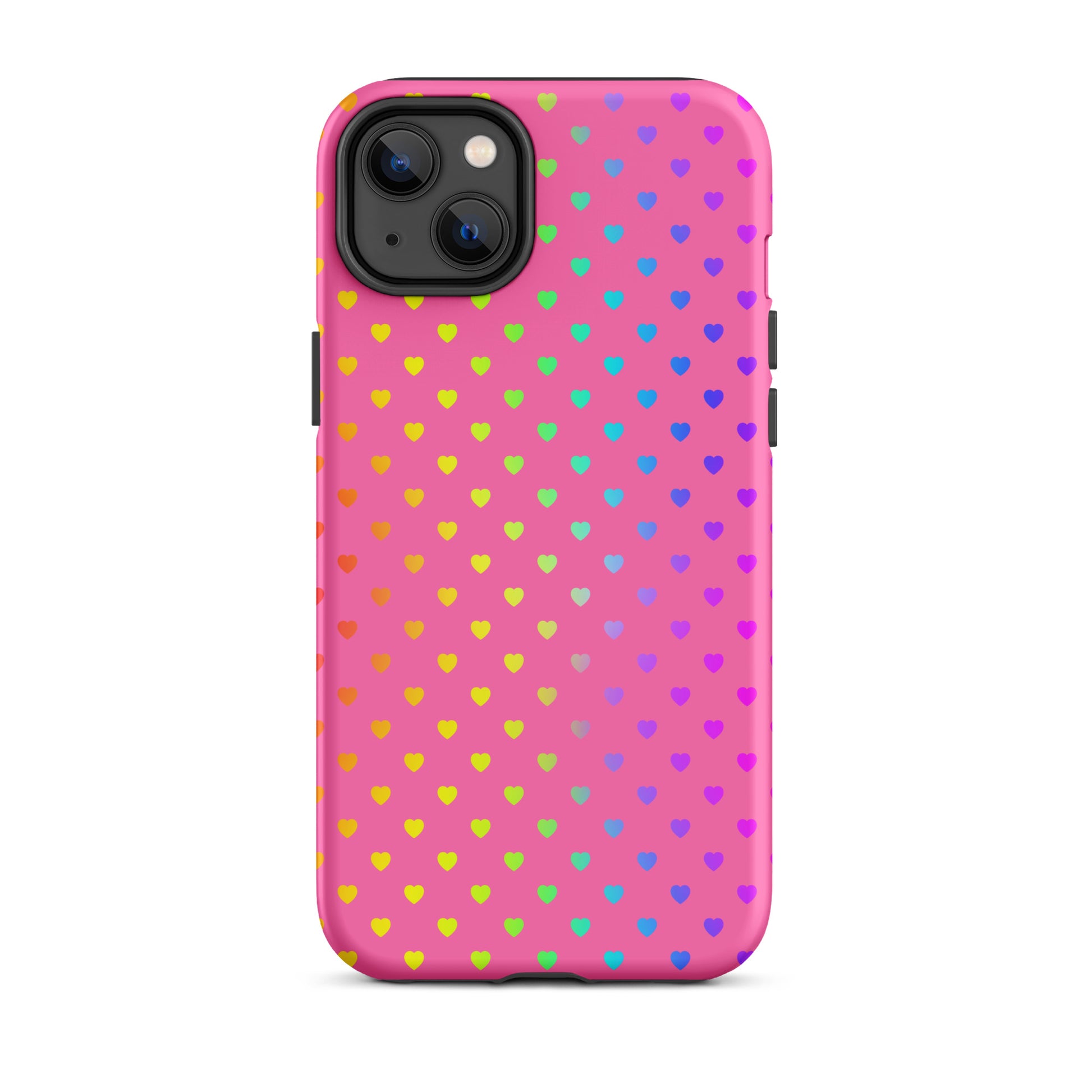Phone Case for iPhone with cute rainbow heart design on pink background, showcasing colorful and playful pattern.