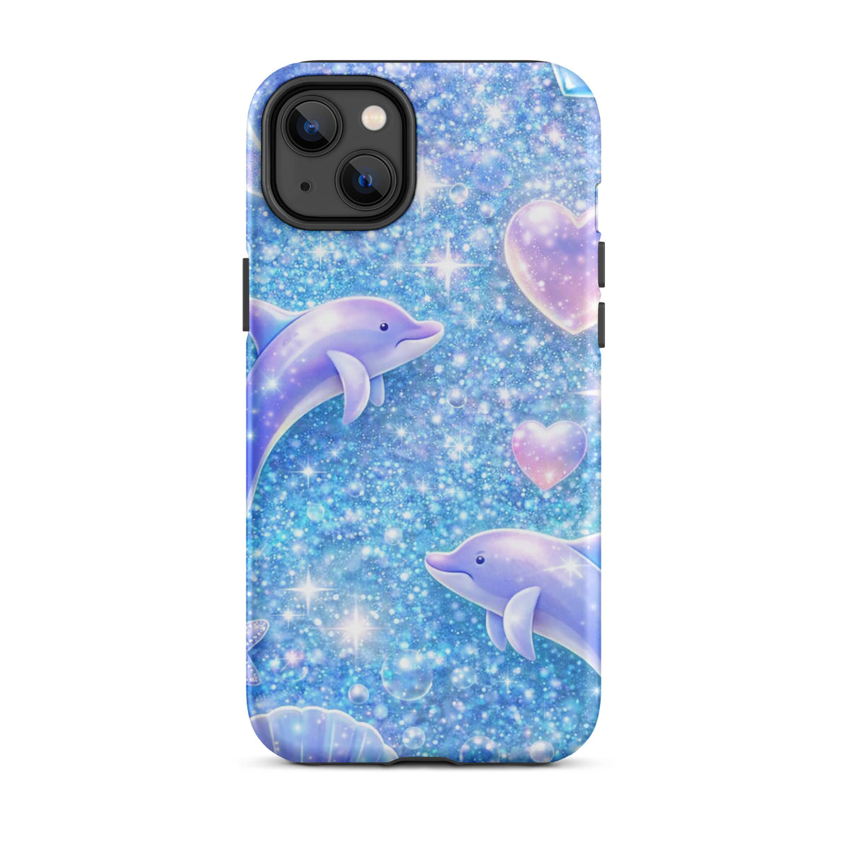 Phone Case for iPhone featuring ocean glitter dolphins and moonlit fantasy design with sparkling celestial accents.