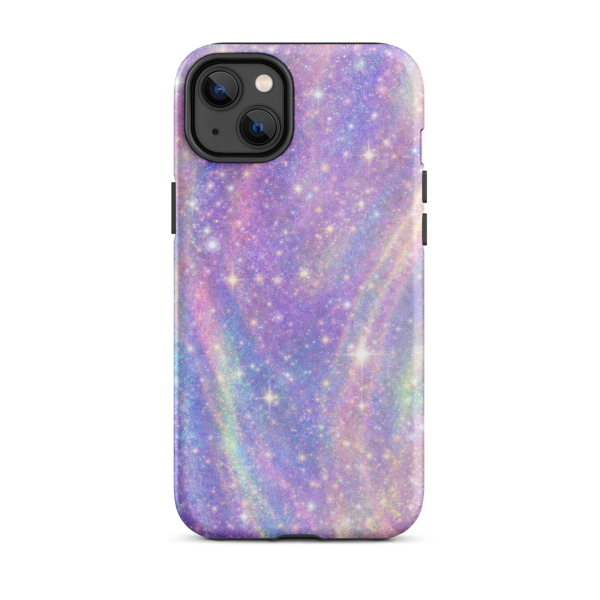 Phone Case for iPhone with pastel purple cosmic swirl design and golden sparkles, creating a dreamy galaxy look.