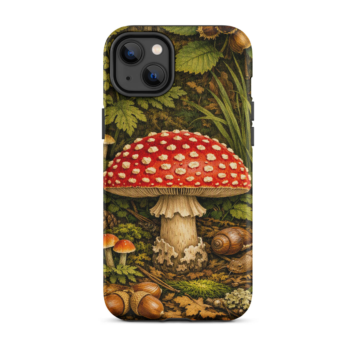 Phone Case for iPhone featuring Amanita muscaria mushroom in lush forest design, vivid colors and detailed illustration.