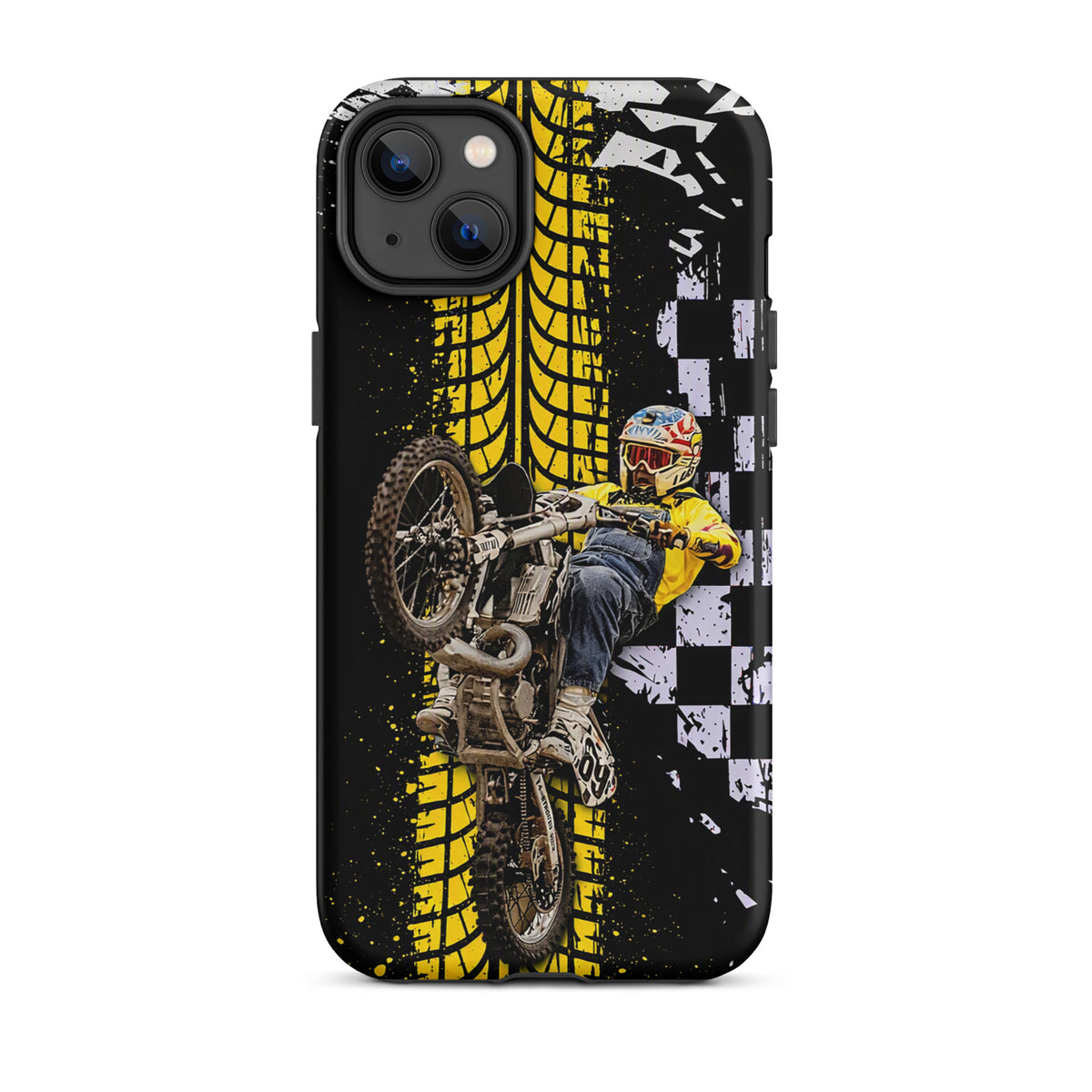 Phone Case for iPhone with Ronnie Mac air-wheelie design, featuring motocross style, tire treads, checkerboard pattern, black yellow color.
