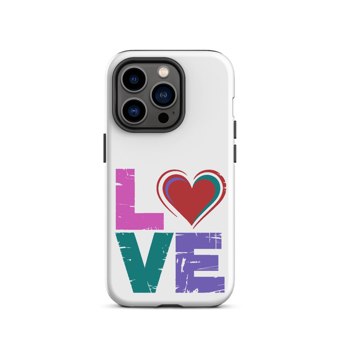 Love Tough Dual Layerd Case for iPhones featuring colorful 'LOVE' text with heart design.
