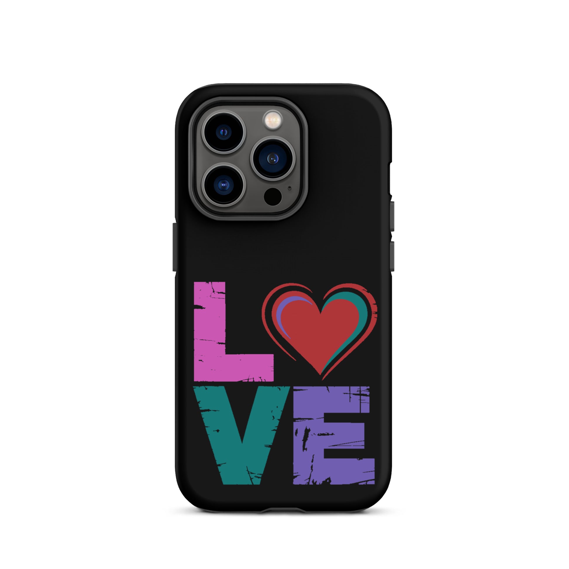 Love Tough Dual Layered Case for iPhones with colorful love design and heart detail.