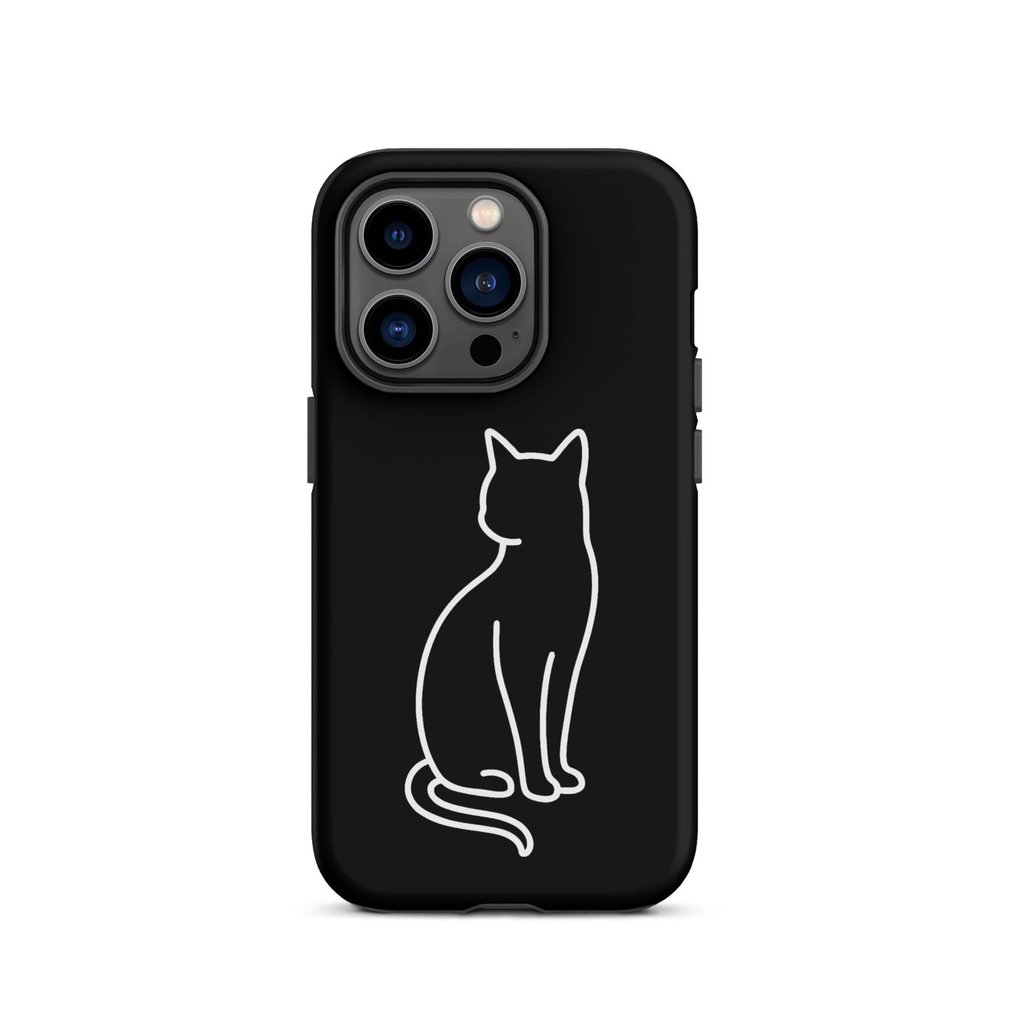 Phone Case for iPhone featuring a minimalist cat design in white on a sleek black background.