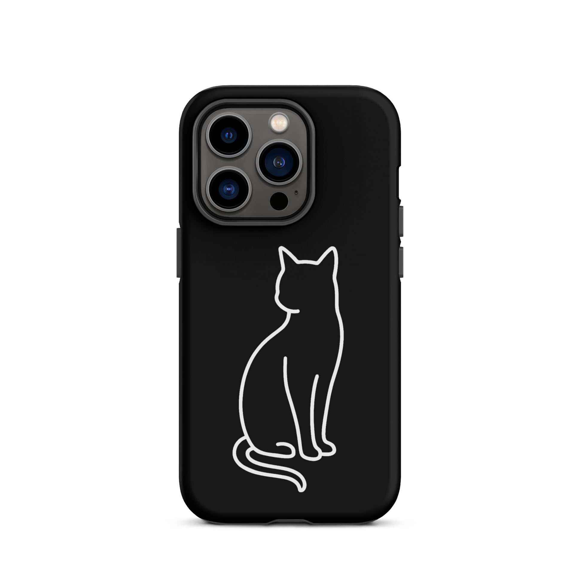 Phone Case for iPhone featuring a minimalist cat design in white on a sleek black background.