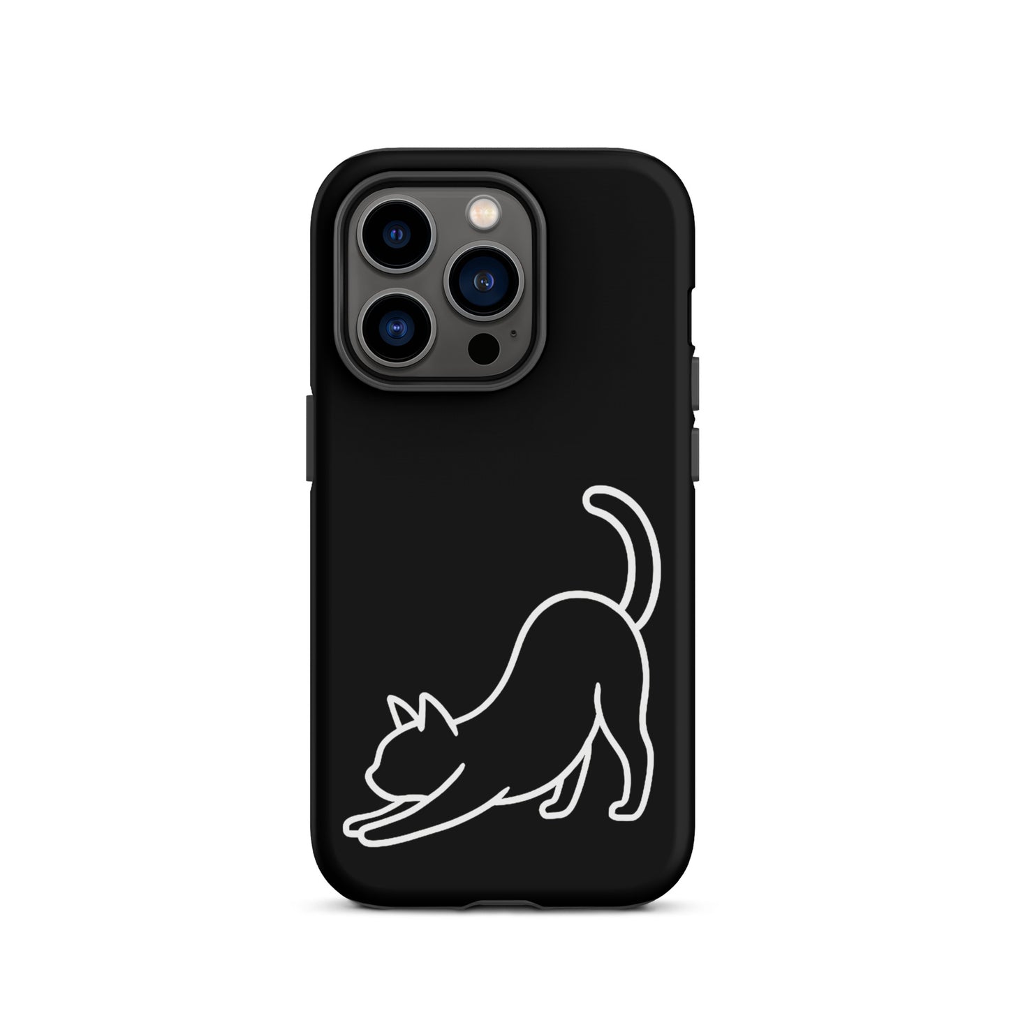 Phone Case featuring minimalist stretching cat design, offering dual-layer protection and sleek aesthetics.