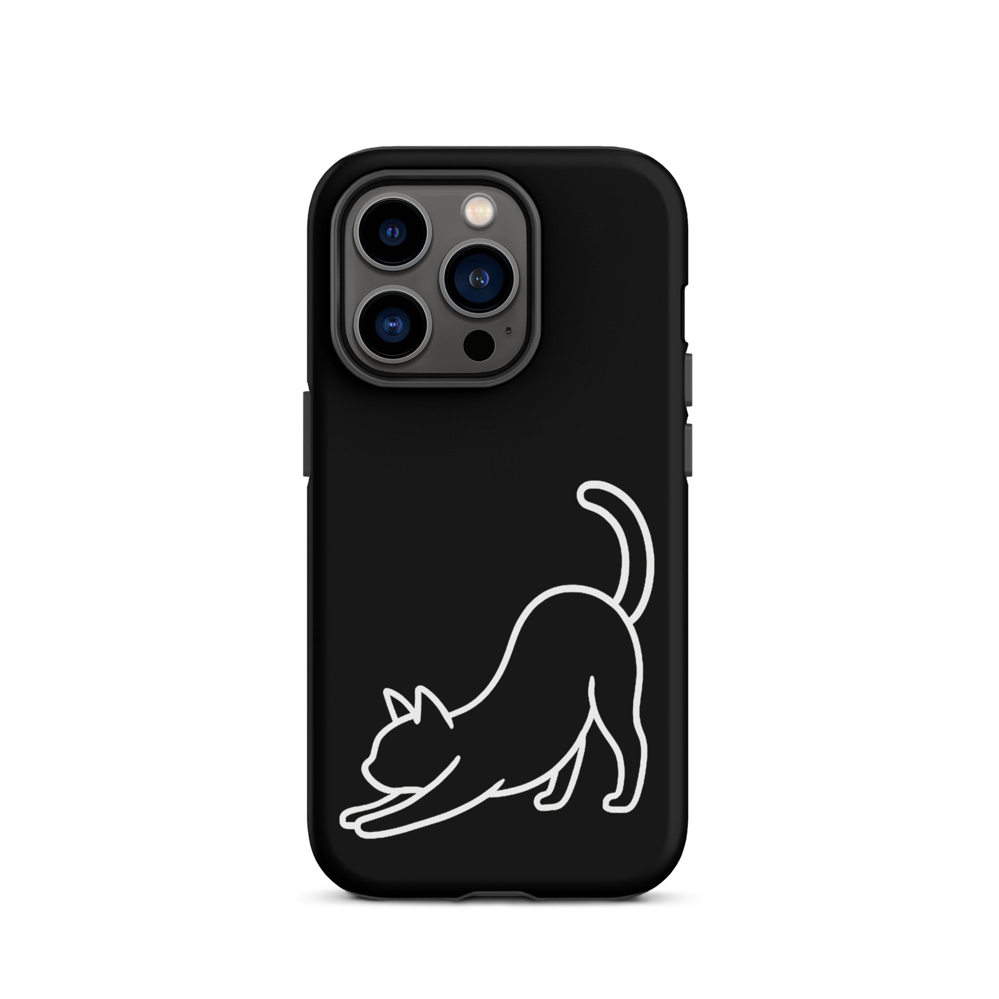 Phone Case featuring minimalist stretching cat design, offering dual-layer protection and sleek aesthetics.