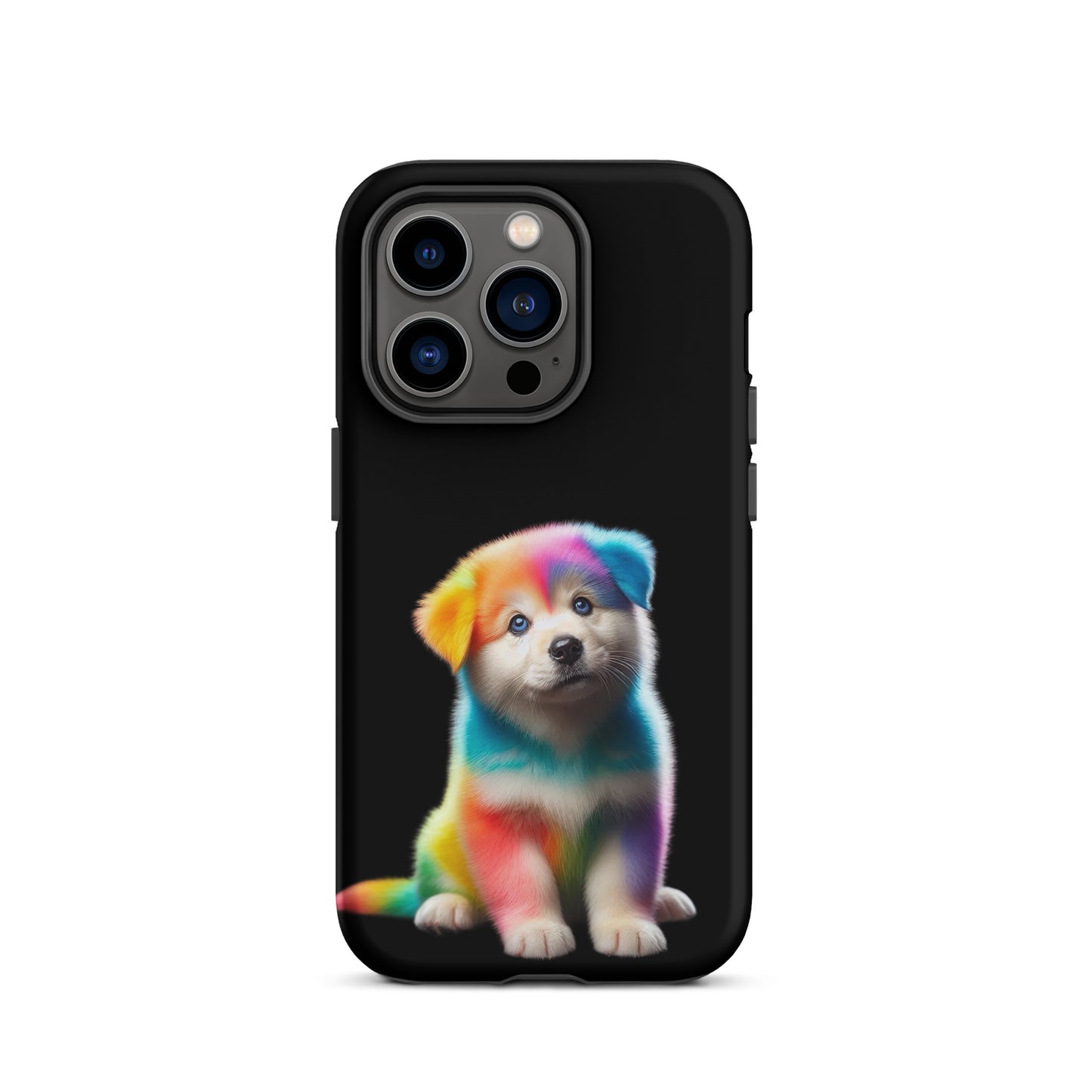 Phone Case featuring a vibrant rainbow puppy design against a dark background, perfect for pet lovers.