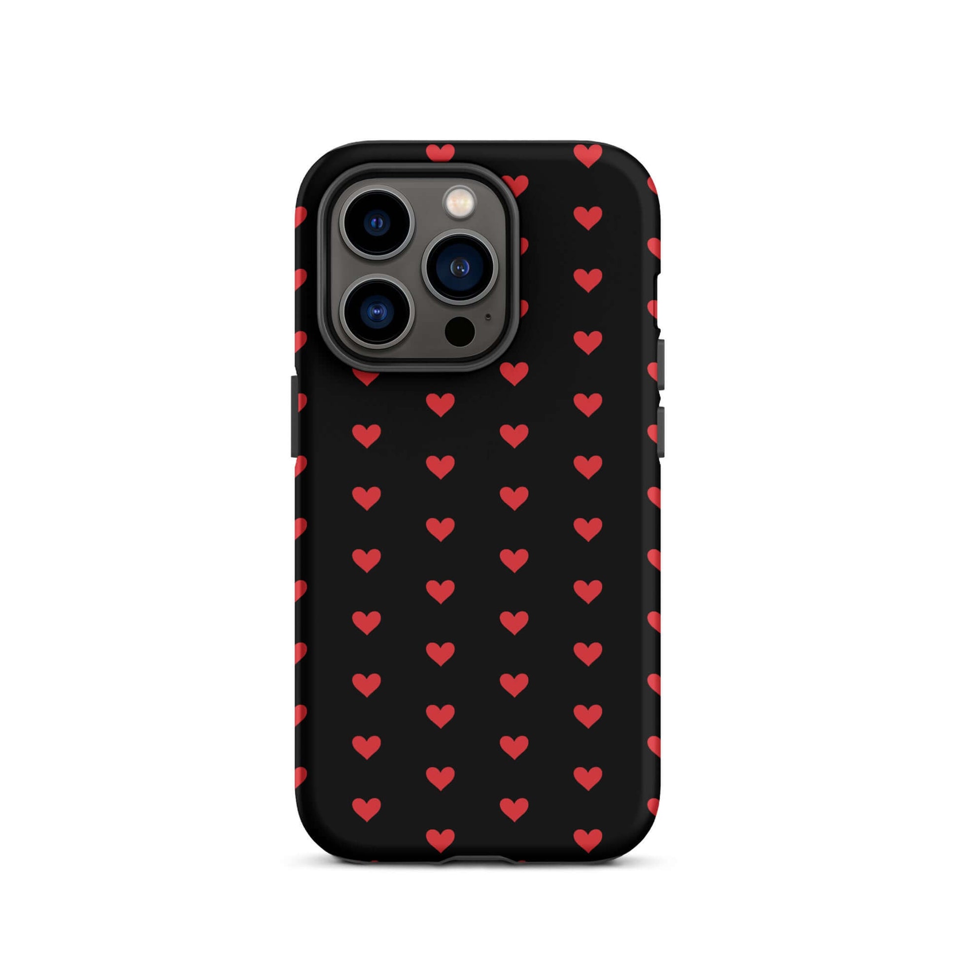 Phone Case for iPhone featuring a bold pattern of fiery red hearts on a black background.