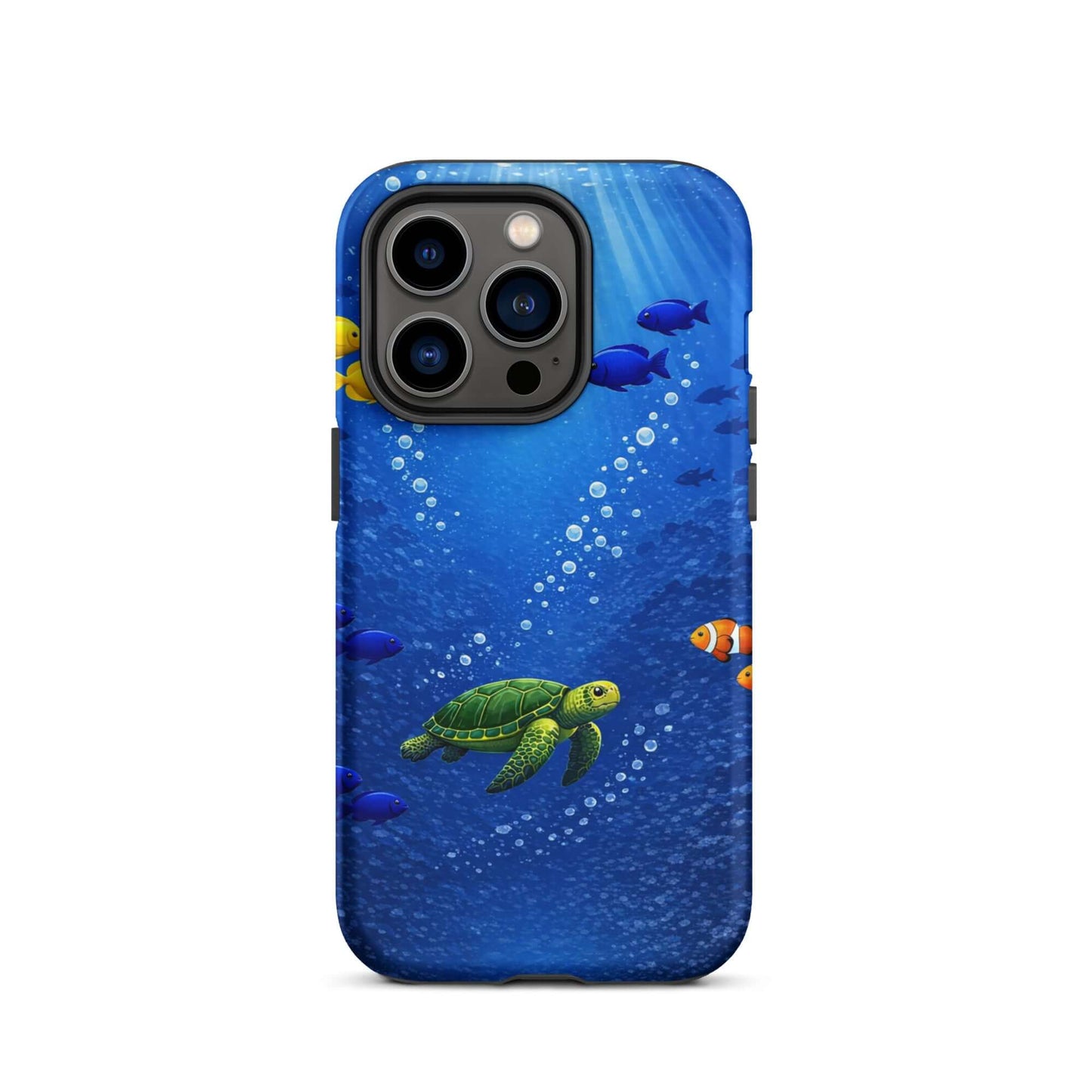 Phone Case for iPhone featuring a sea turtle design swimming amidst vibrant fish in deep blue water.