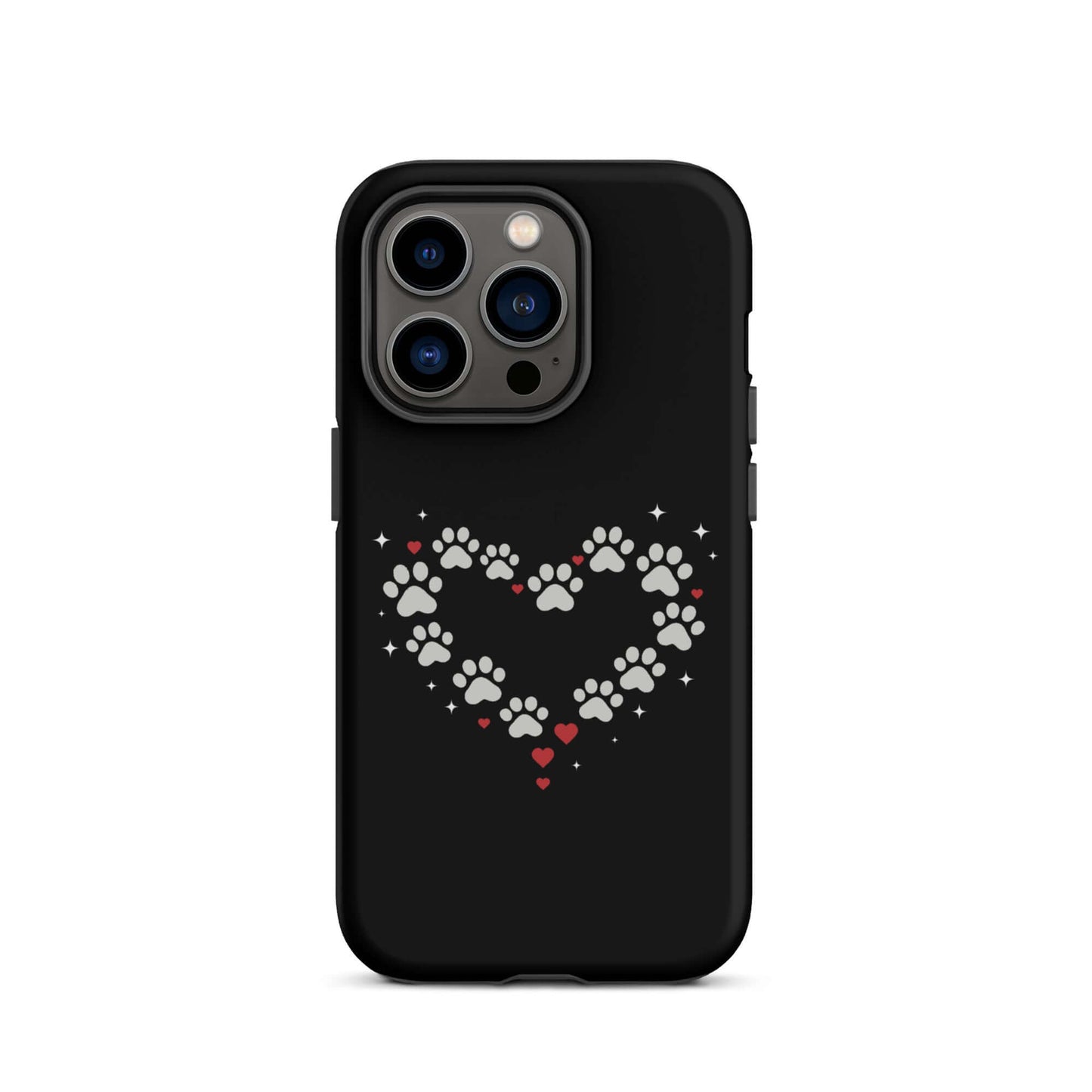 Phone Case for iPhone featuring a paw-print heart design on a black background, perfect for pet lovers.