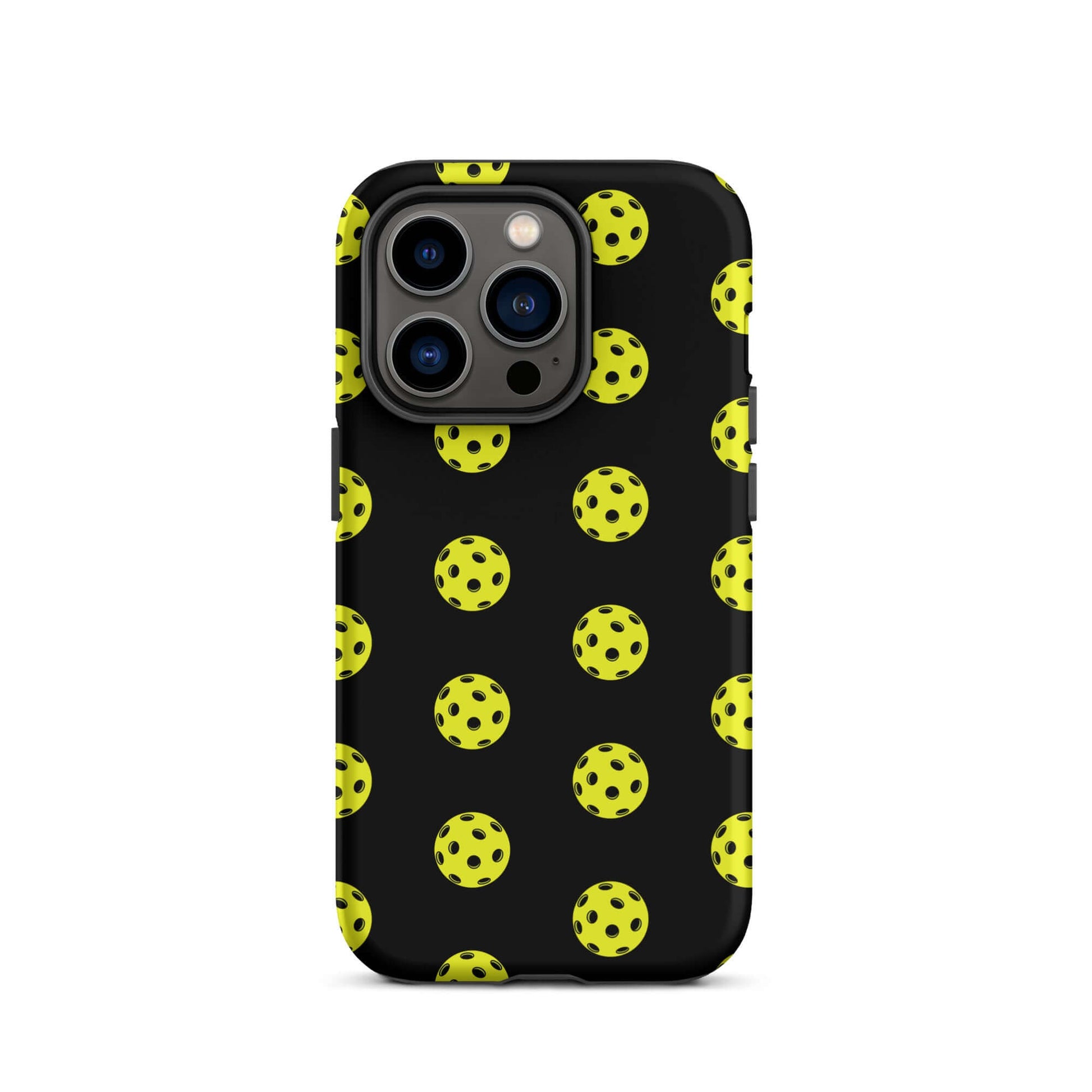 Phone Case for iPhone featuring a pickleball pattern on a black background, showcasing sporty style and premium design.
