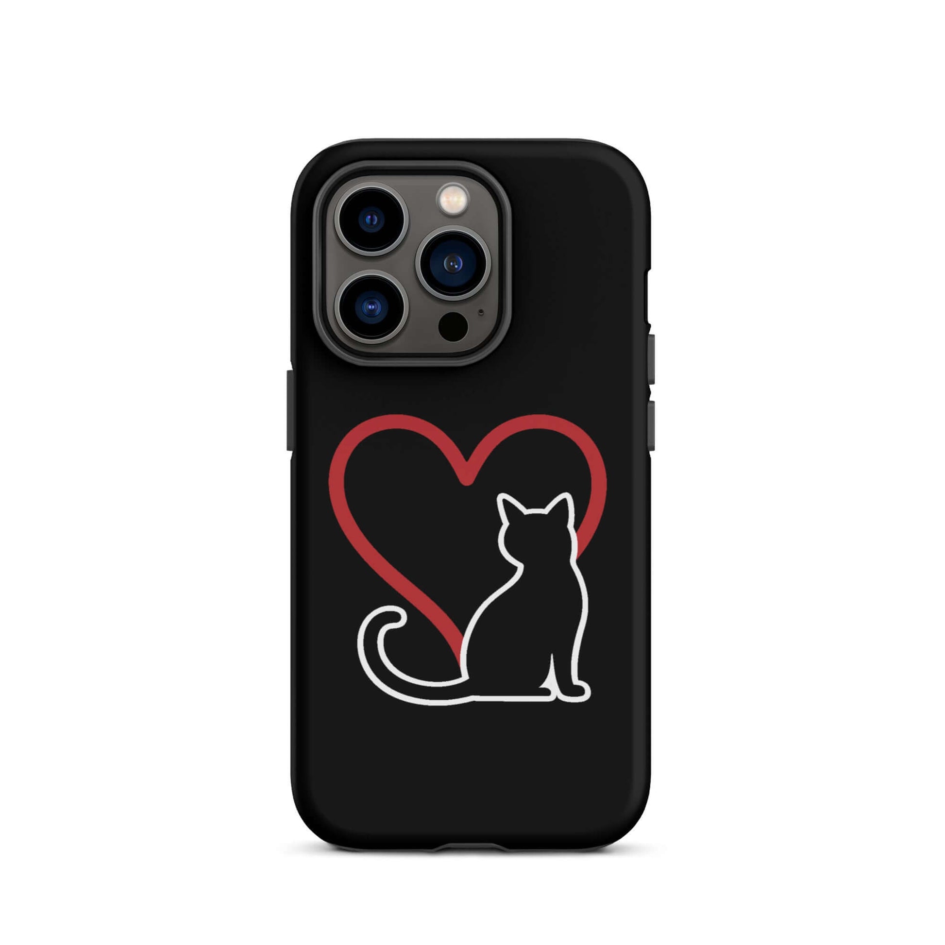 Phone Case featuring a minimalist cat design and heart on a sleek black background, perfect for cat lovers.
