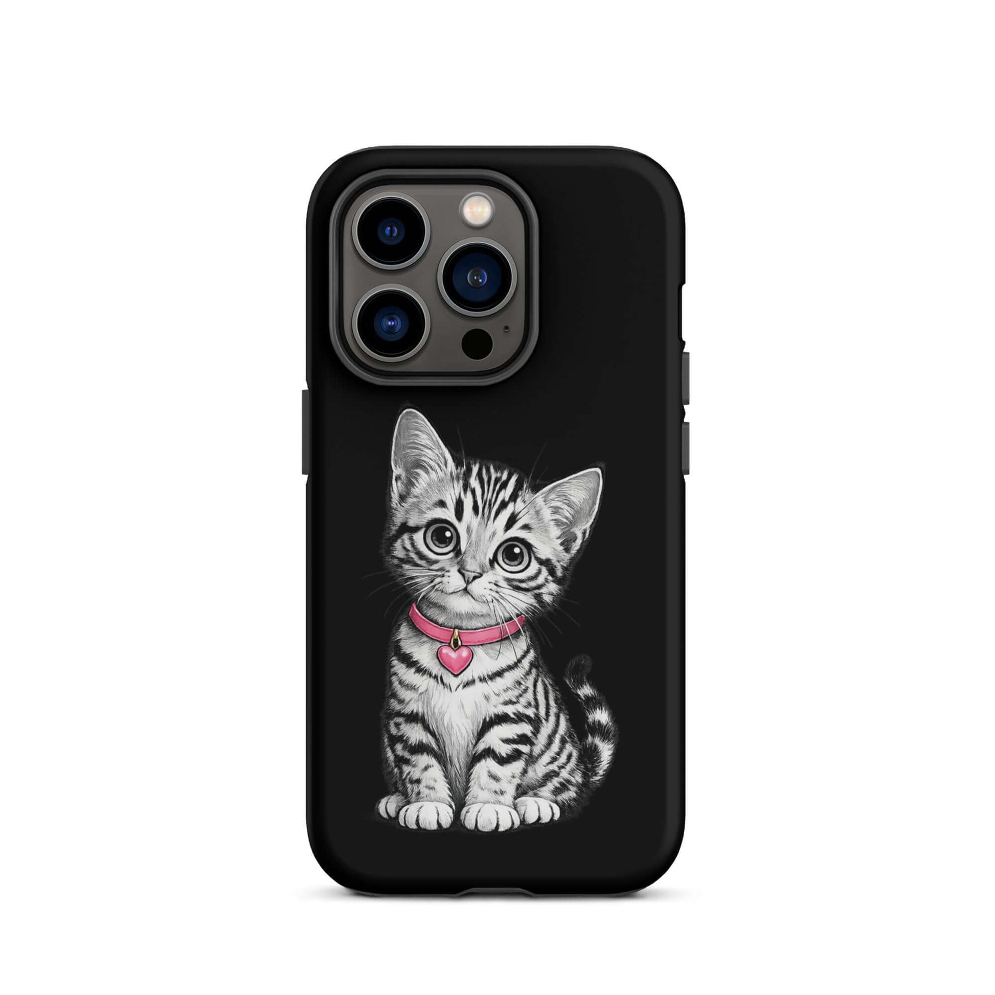 Phone Case for iPhone with pencil sketch kitten and pink heart charm design